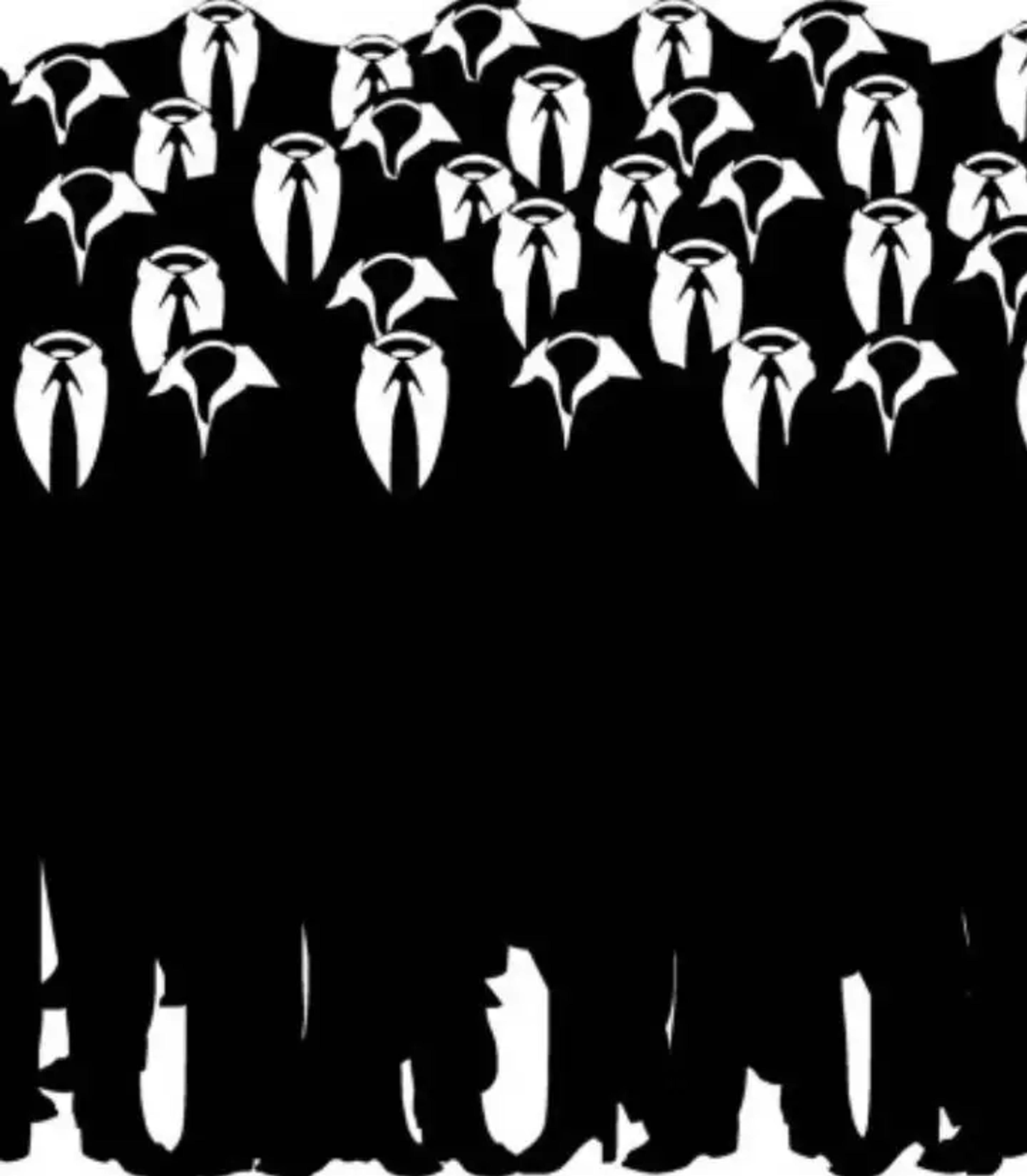 A conceptual black and white image of a large crowd of invisible figures wearing formal business suits, tuxedos, and ties. The empty clothes stand upright as if worn by ghosts, symbolizing the fragile illusion of online anonymity and the power of AI to unmask digital identities