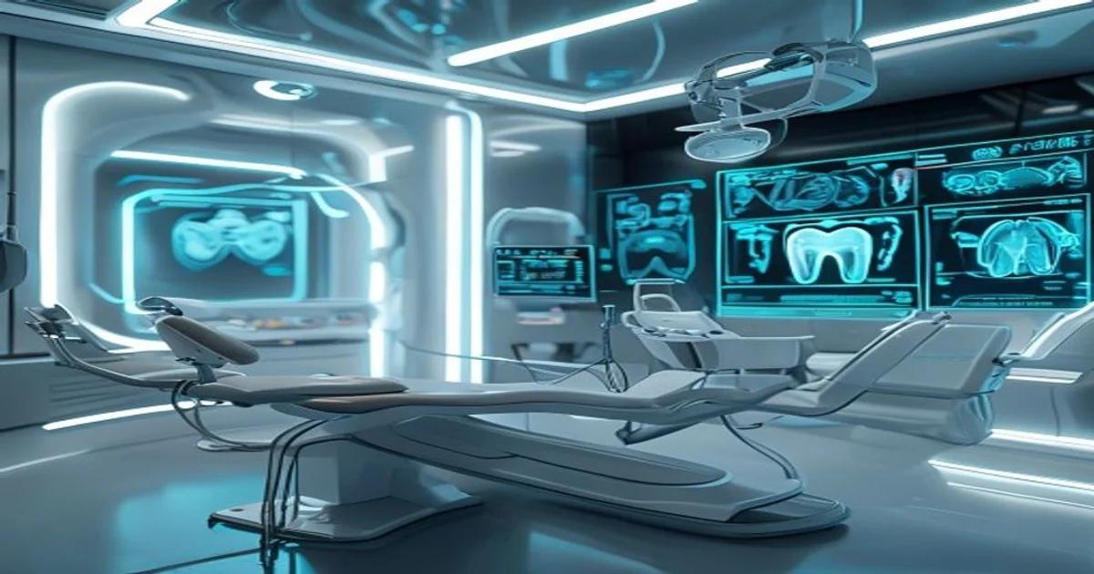Artificial intelligence assisting a dentist in a modern clinic with digital diagnostics and treatment planning.