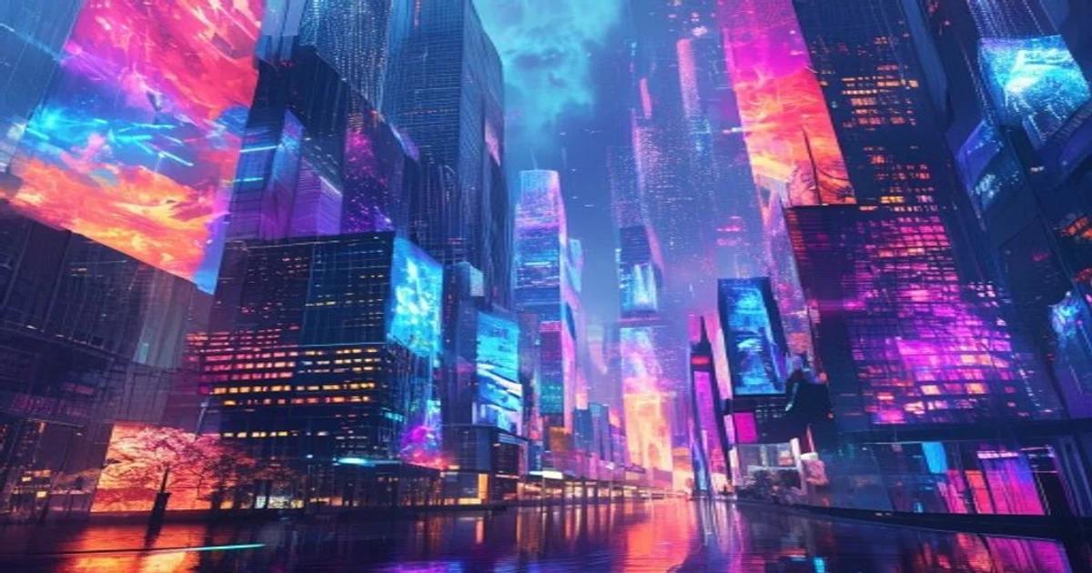 A high-tech city skyline illuminated by dynamic, evolving AI-generated artworks and digital displays, symbolizing innovation.