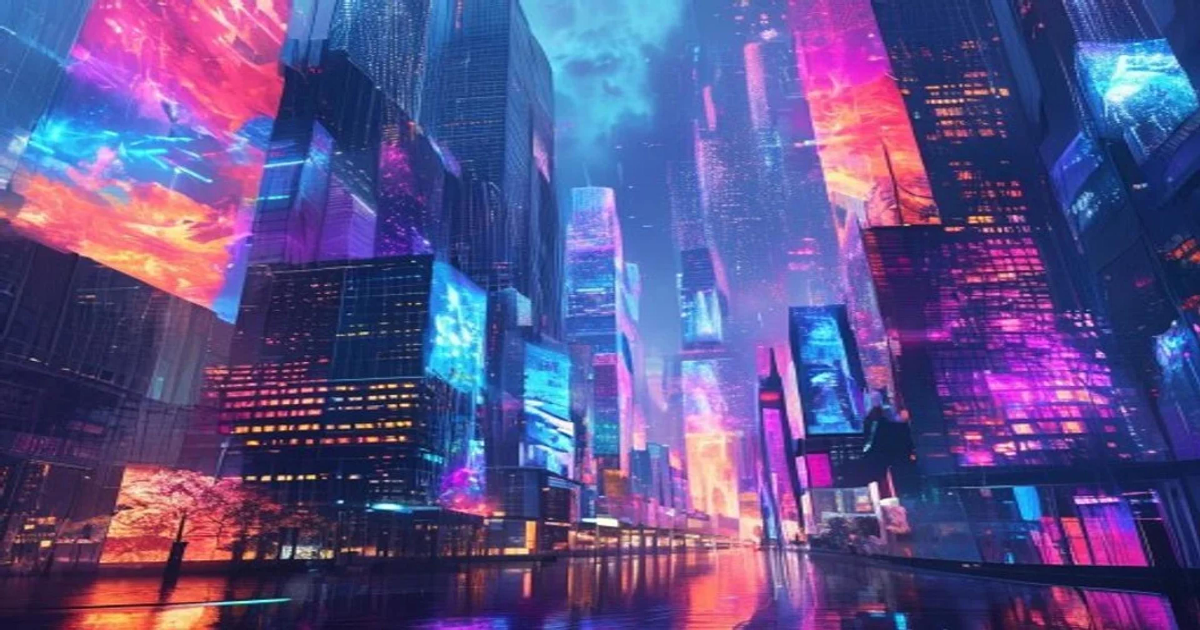 A high-tech city skyline illuminated by dynamic, evolving AI-generated artworks and digital displays, symbolizing innovation.