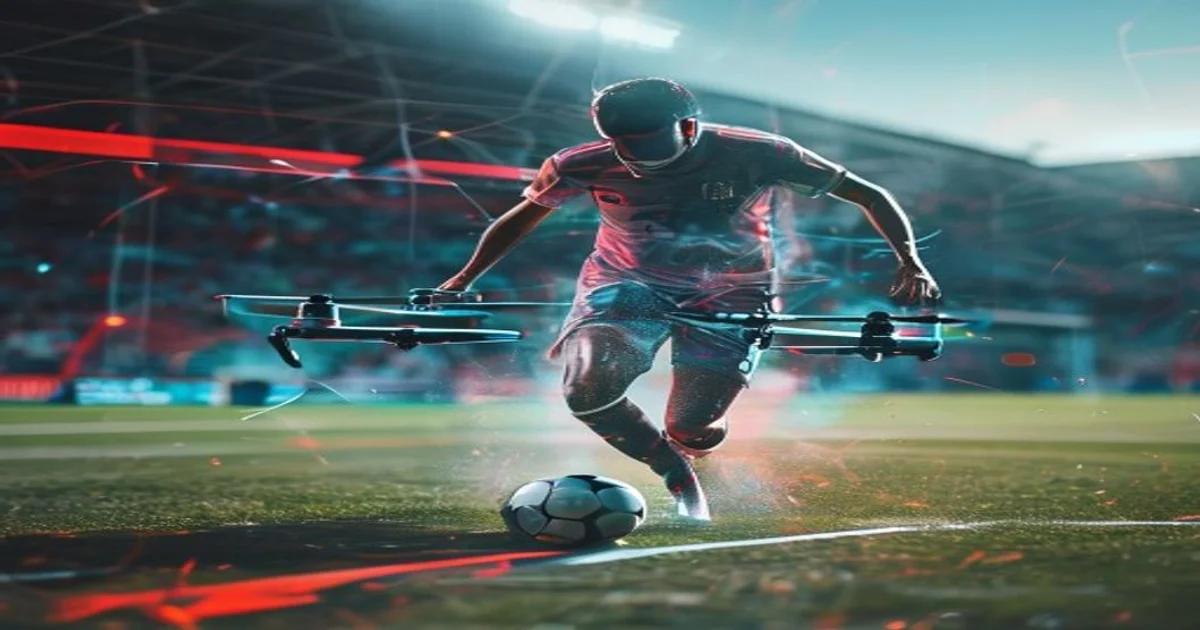 An artificial intelligence scouting system analyzing a young athlete on a soccer field with data metrics.