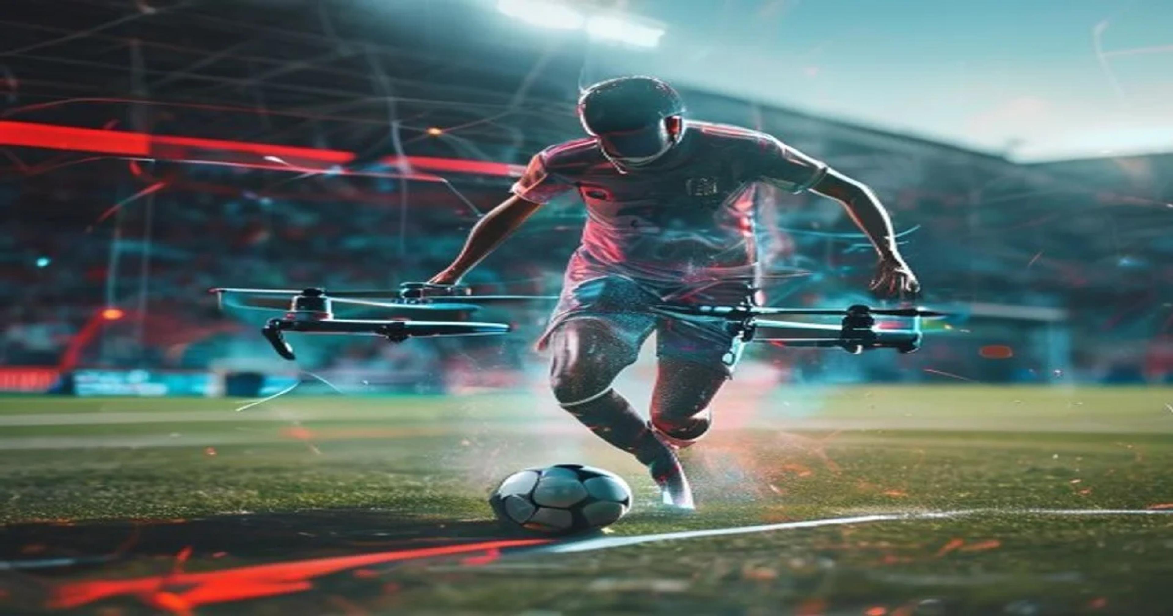 An artificial intelligence scouting system analyzing a young athlete on a soccer field with data metrics.