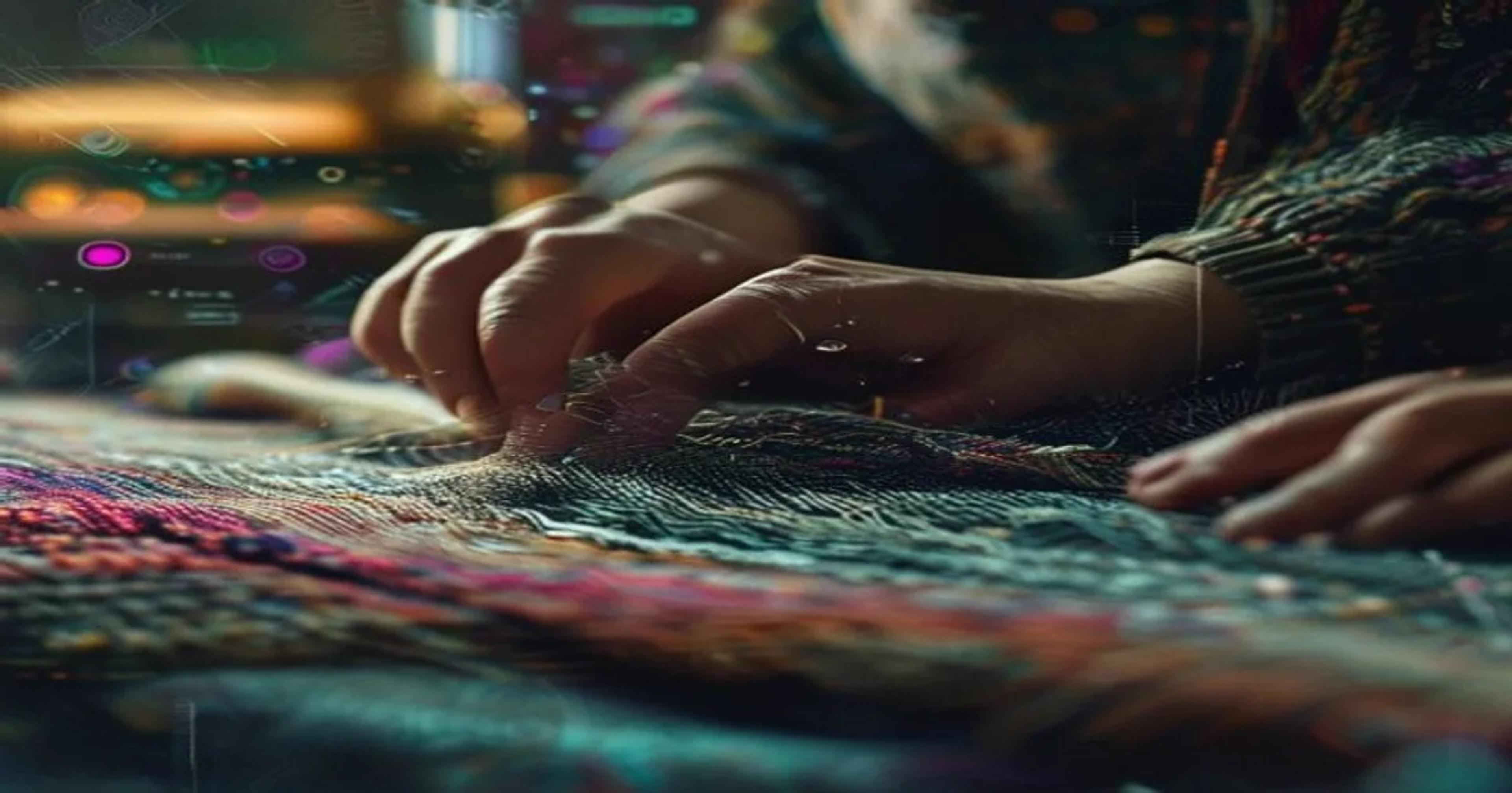 Skilled hands performing a manual craft with subtle digital overlays, symbolizing the preservation of human artistry against AI.