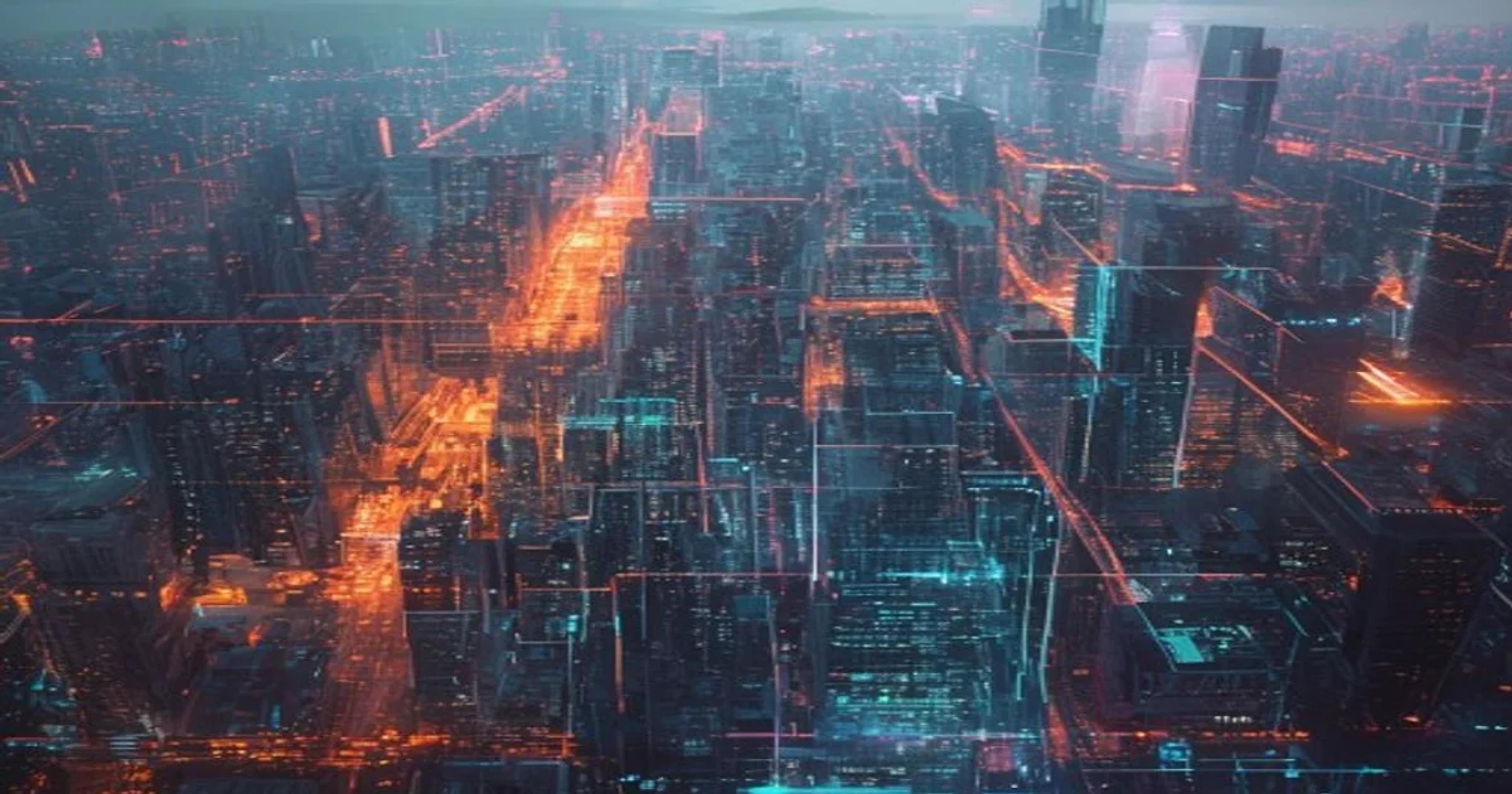 Digital twin of a city showcasing AI-powered zoning maps and urban planning data analytics.
