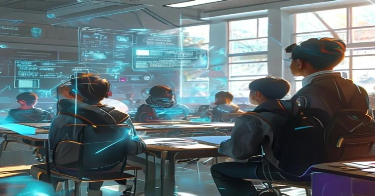 A diverse group of university students interacting with advanced holographic AI interfaces in a modern classroom setting, symbolizing the future of AI education.