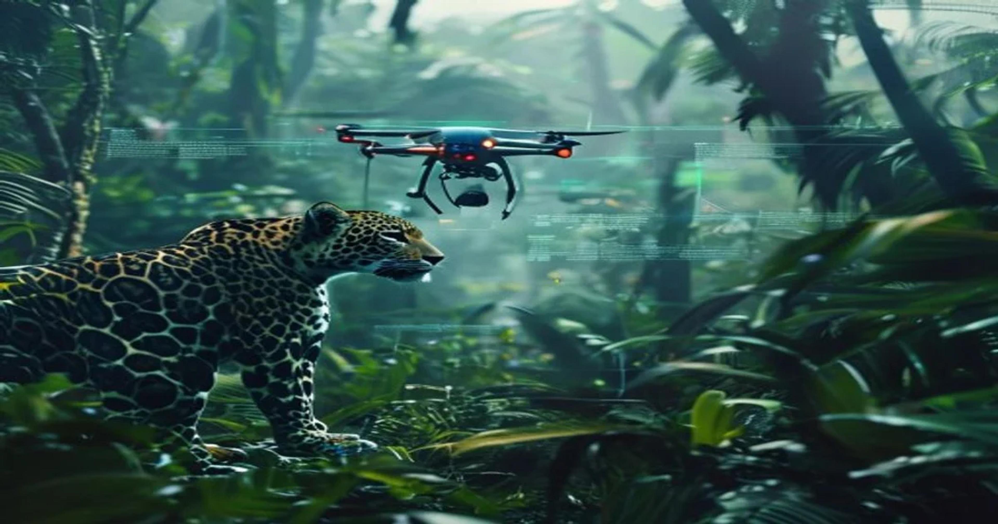 AI-powered drones and sensors monitor a leopard in its natural rainforest habitat, displaying data for wildlife conservation.