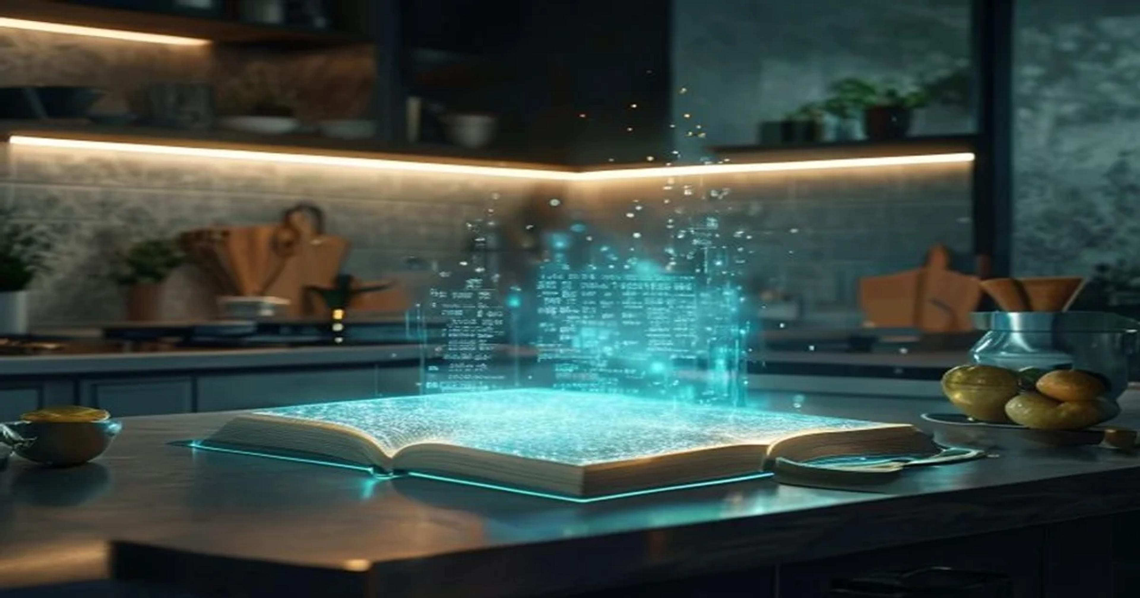 A glowing holographic projection of an ancient culinary manuscript floating above a granite kitchen counter.