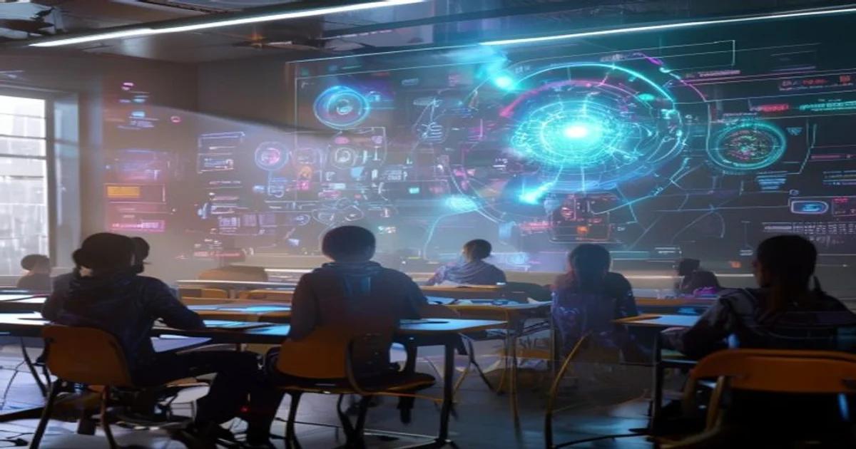 Students in a futuristic classroom engaging with advanced AI interfaces, symbolizing the integration of AI into computer science education.