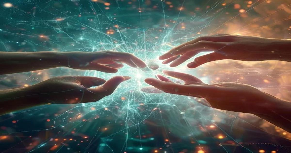 Human and AI hands connecting within a luminous digital network, representing cooperative learning paradigms.