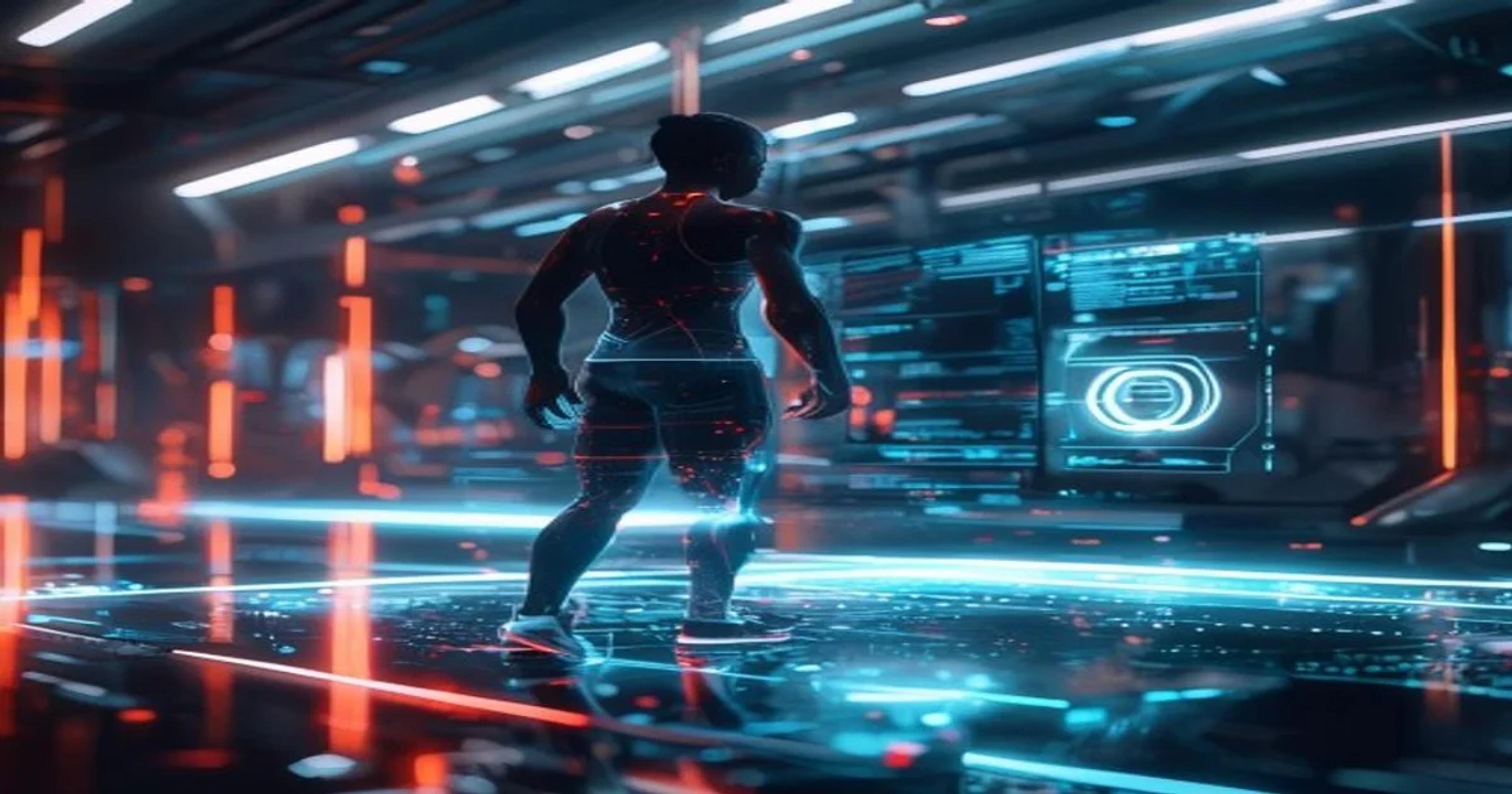 Athlete training with advanced AI technology, showcasing data visualizations and performance metrics.