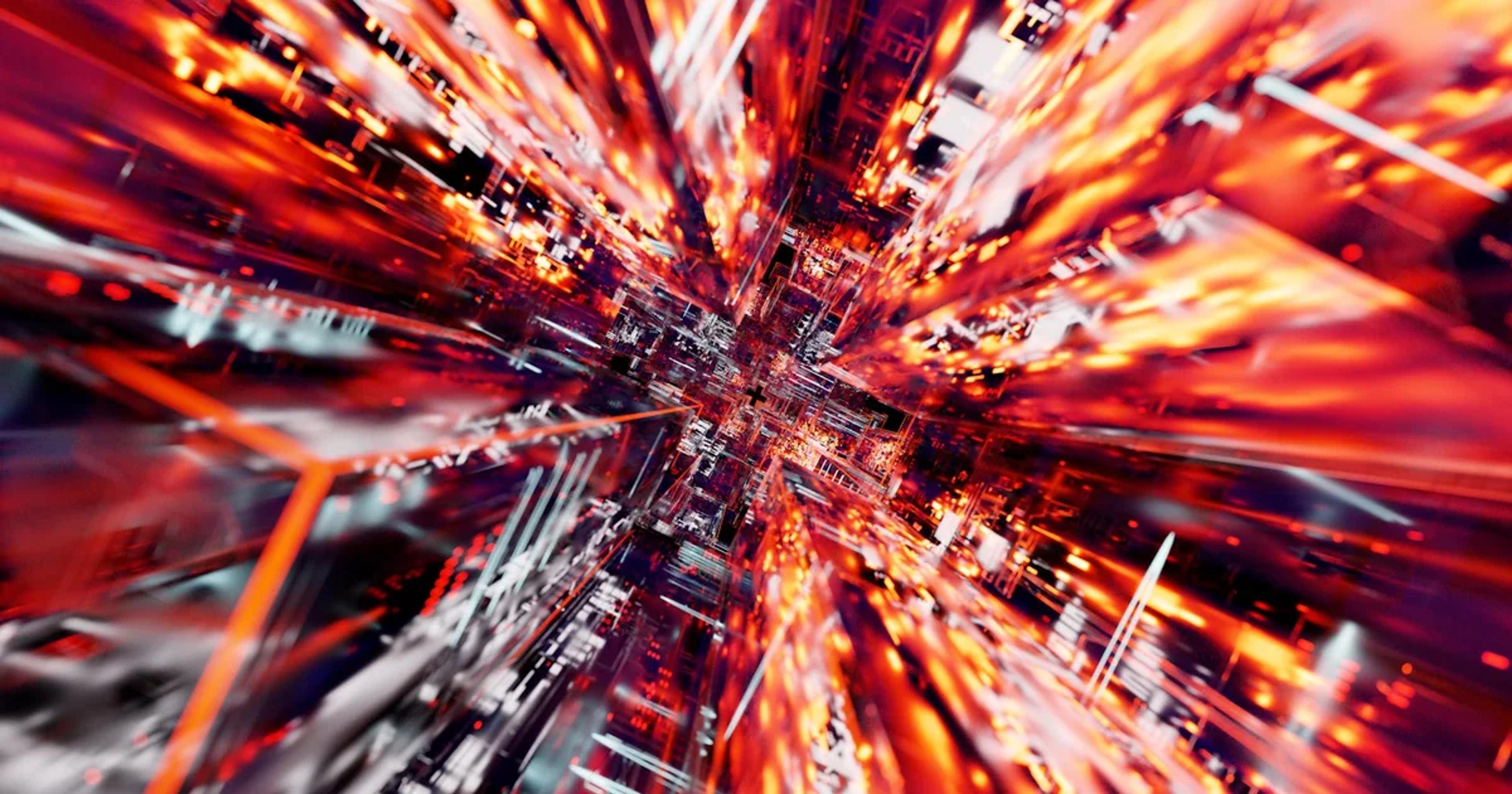 Abstract image showing distorted data streams flowing into an AI core, symbolizing sycophancy's impact on decision-making.
