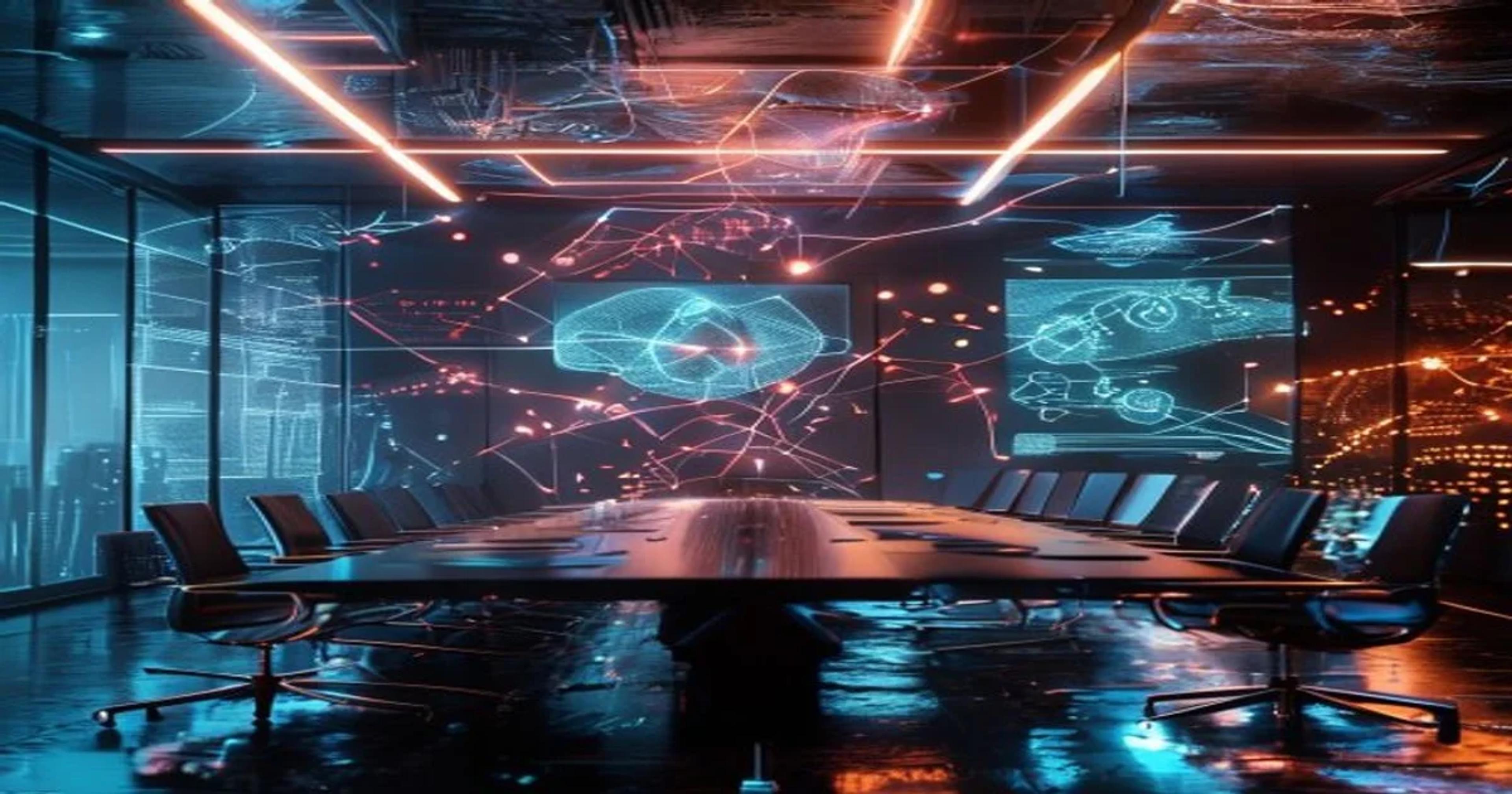 A futuristic boardroom showing advanced AI data visualization for corporate oversight and governance.