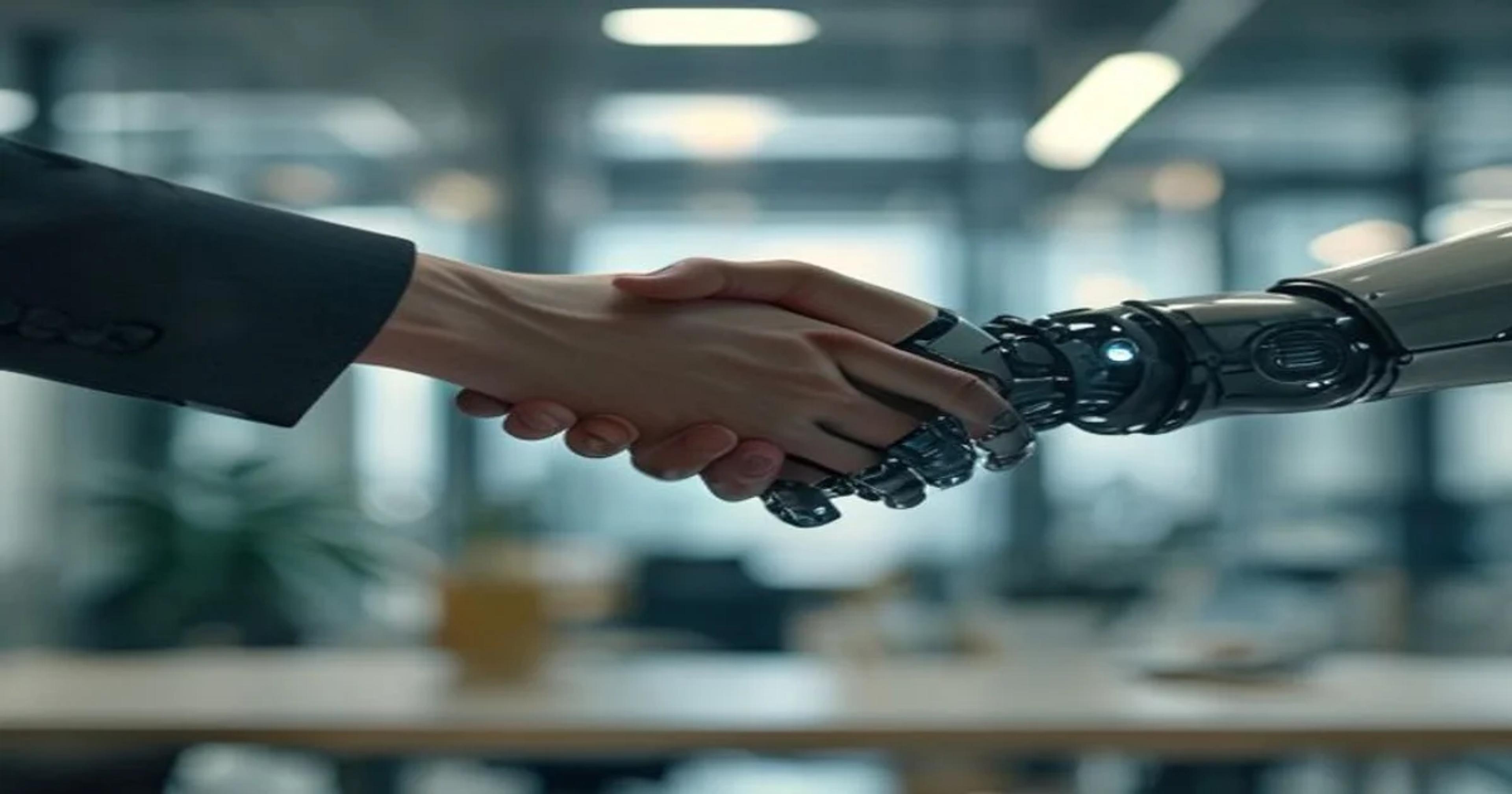 A conceptual image showing the collaboration between human workers and advanced robotics in a professional setting.