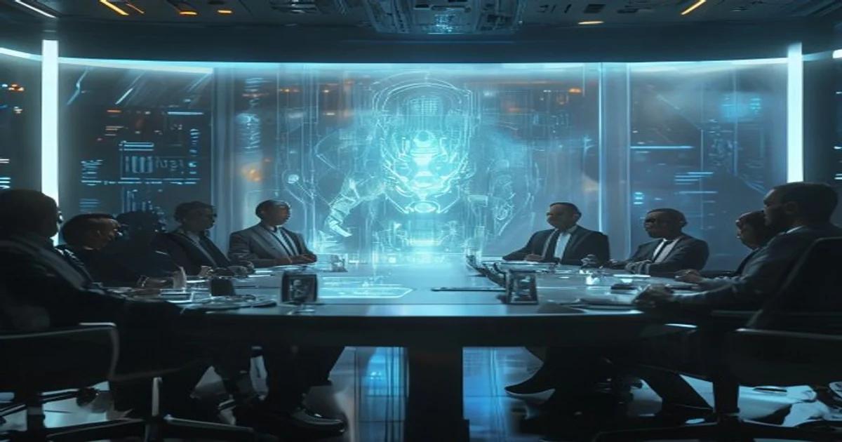 Leaders discussing AI ethics and trust in a futuristic holographic environment, symbolizing the challenges of responsible AI development.