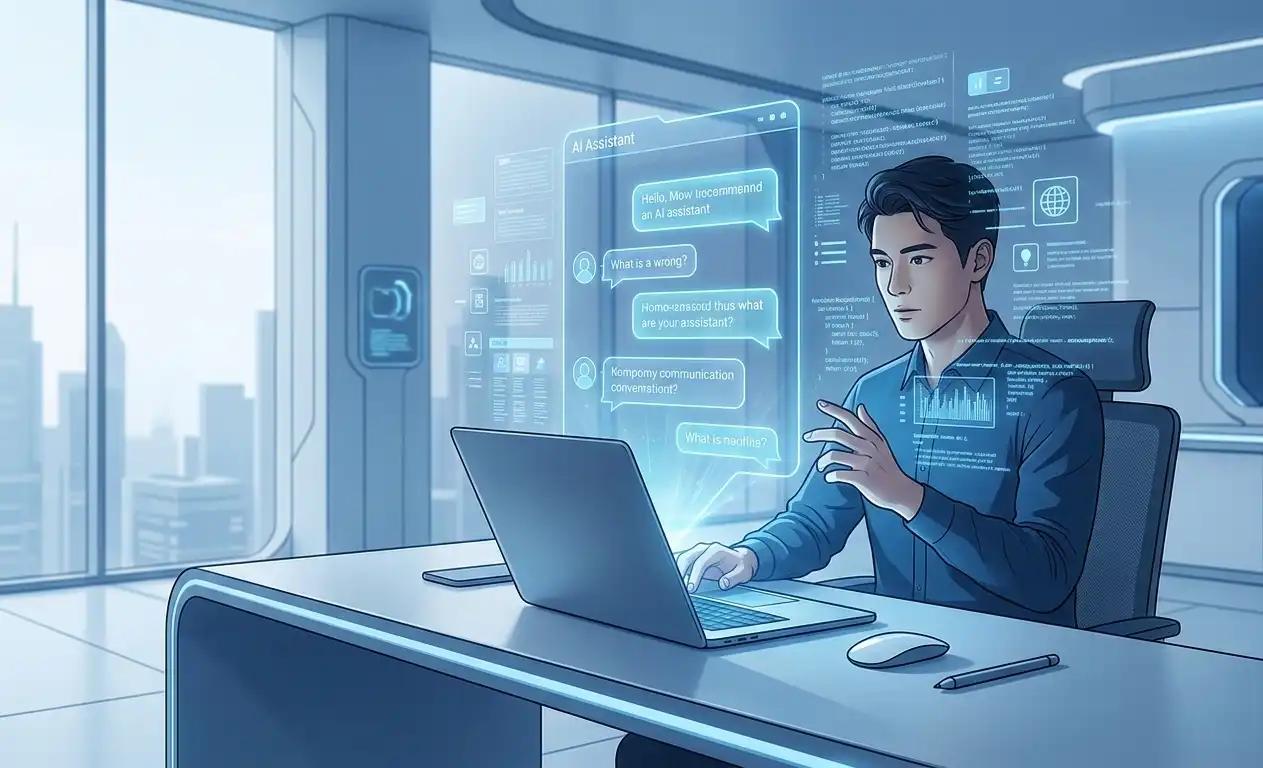 Person using a futuristic AI chatbot assistant on a laptop with holographic interface for productivity and work tasks