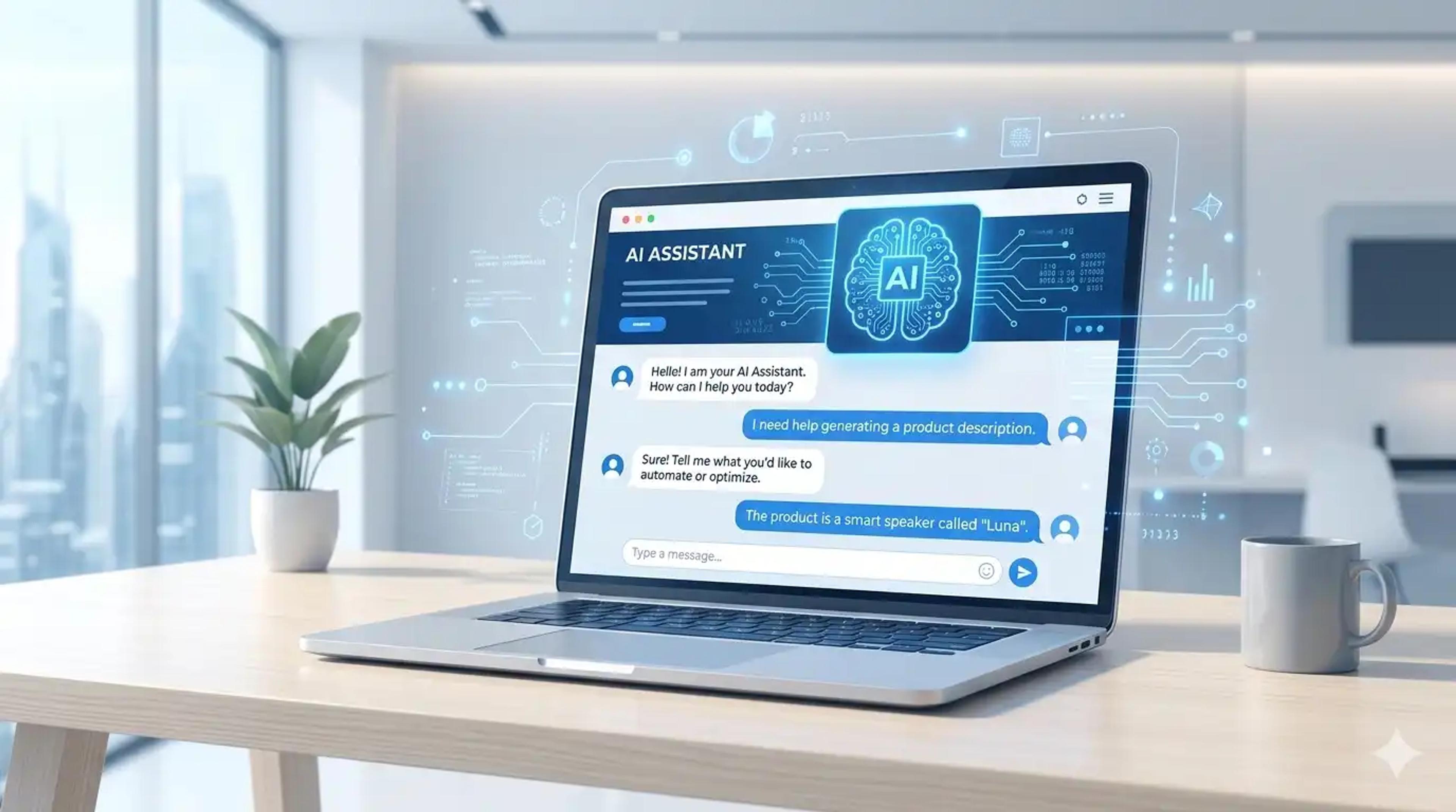 AI chatbot interface on laptop screen showing conversation with artificial intelligence assistant