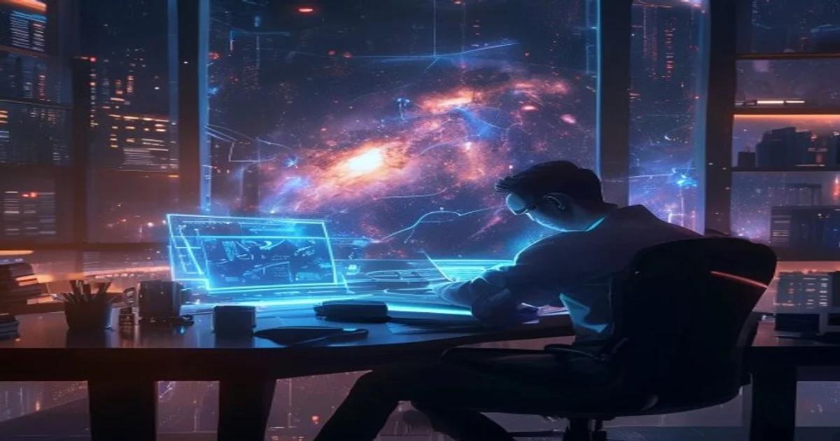 A writer using an AI-powered creative writing assistant, with futuristic interfaces and a backdrop suggesting endless creative possibilities.