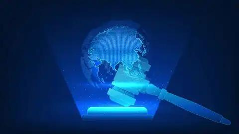 AI-powered legal professionals managing data in a futuristic office setting with holographic displays.