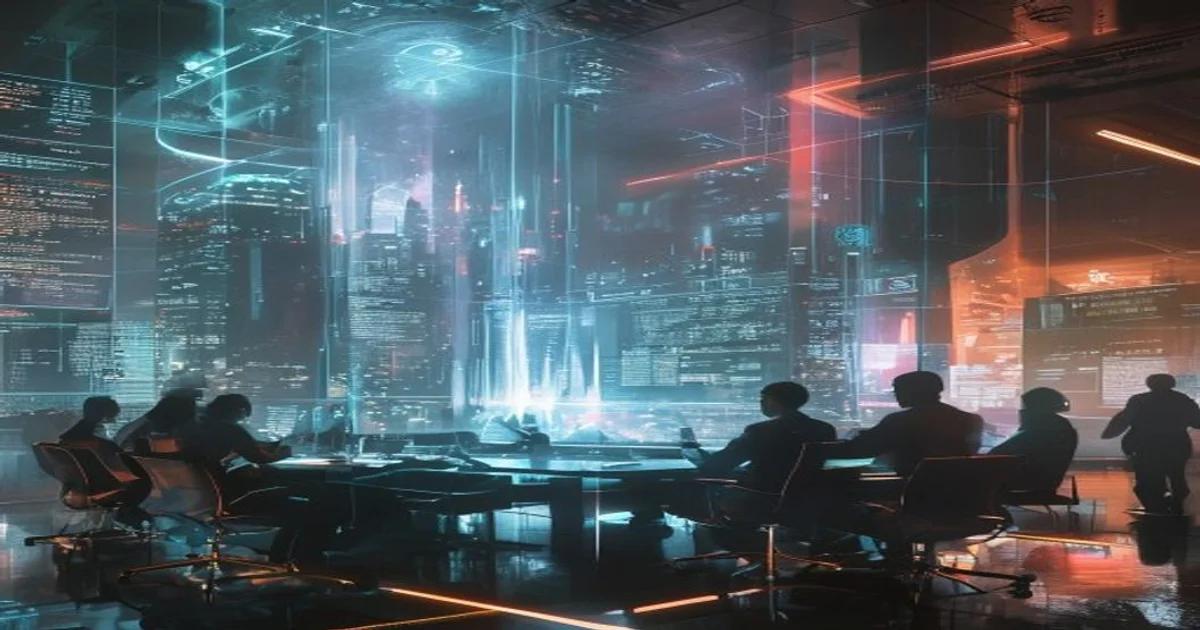 A diverse group of city council members discussing AI policies with holographic data visualizations in a futuristic setting.
