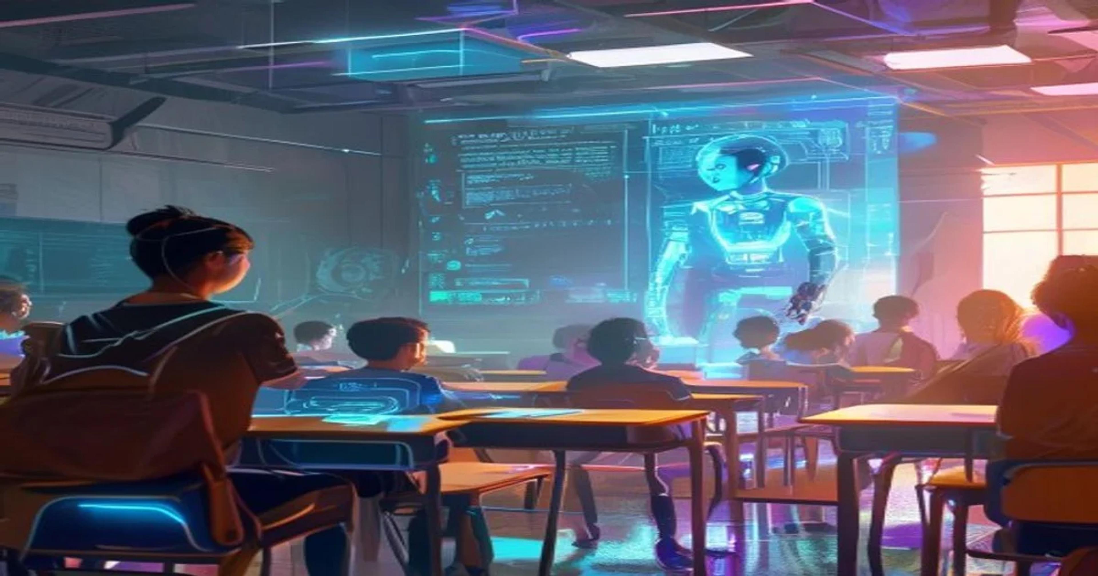 Students engaging in a debate in a modern classroom, with AI assistance enhancing their arguments and research.