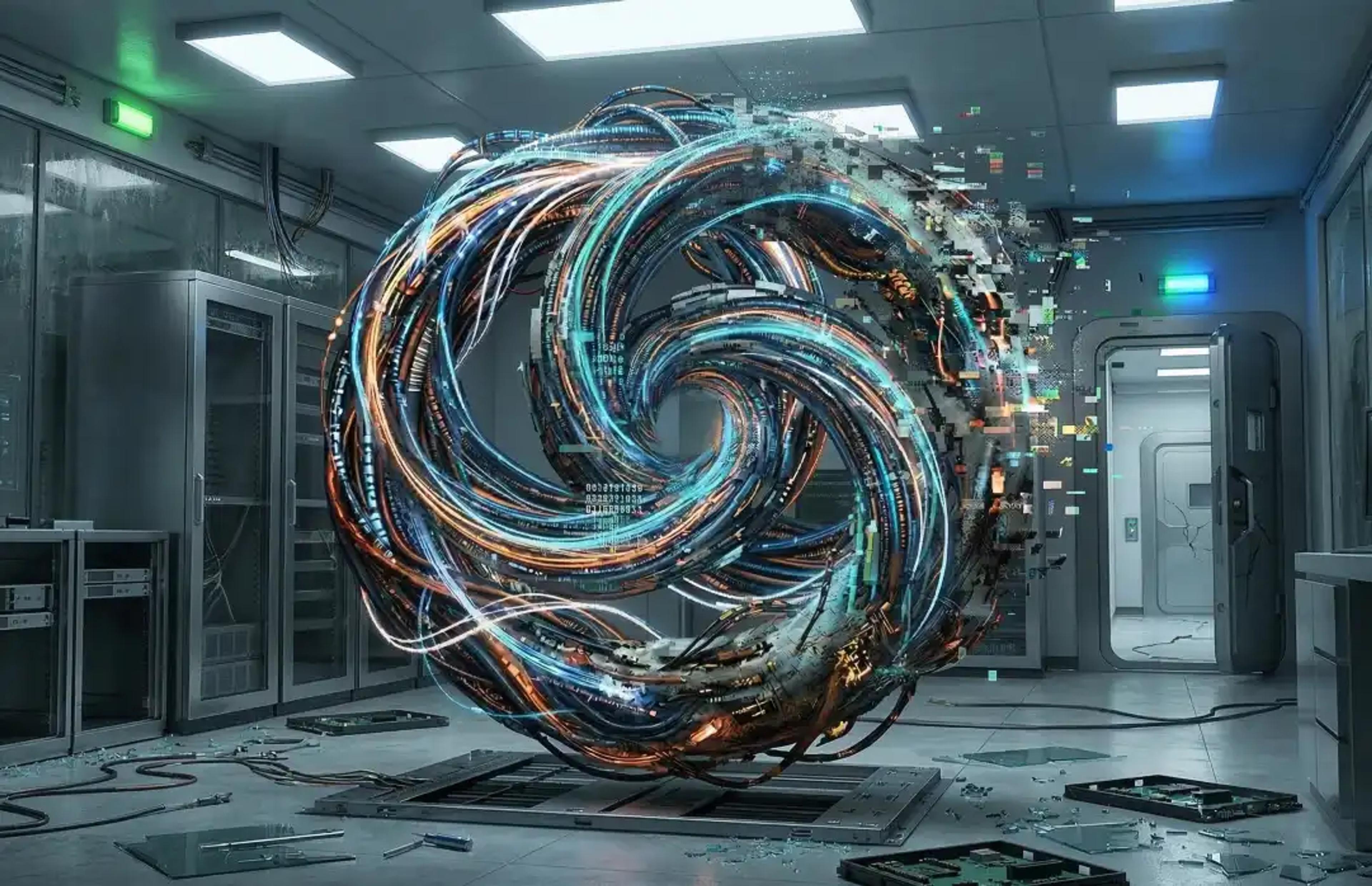 A digital ouroboros, a snake made of data and code consuming itself and degrading into pixels, symbolizing AI Model Collapse due to synthetic data
