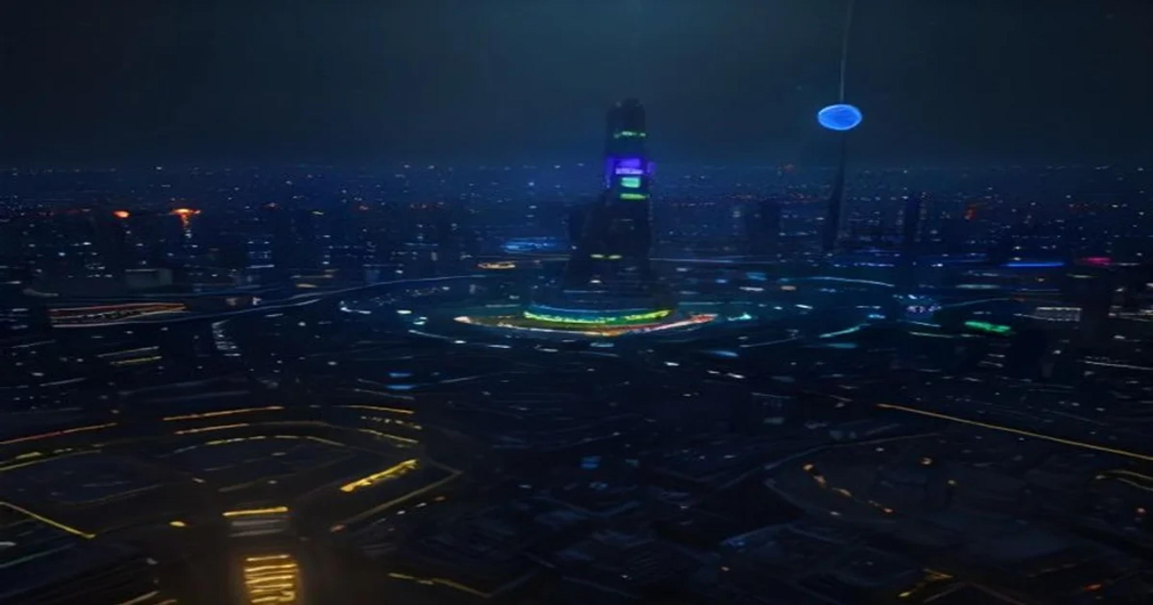 A futuristic digital town hall representation showing interconnected data nodes and community engagement.
