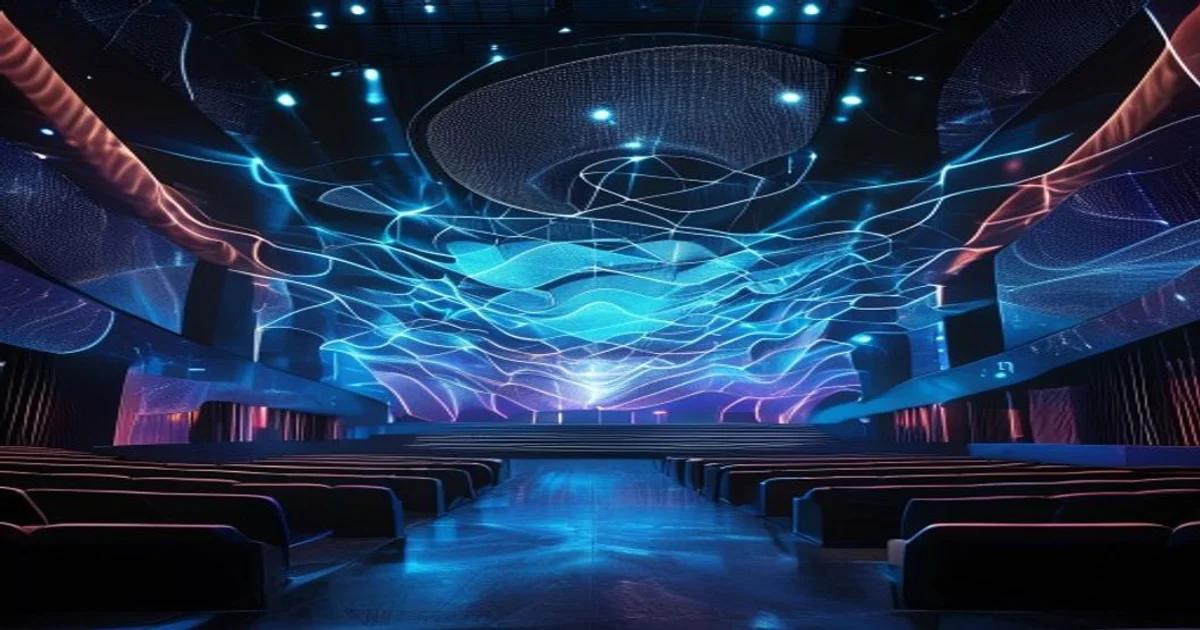 An architectural space featuring AI-controlled acoustic panels adjusting to sound frequencies.