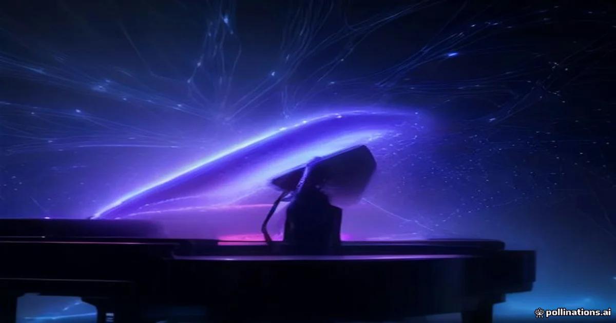 A conceptual image showing a pianist collaborating with a digital AI neural cloud for musical improvisation.