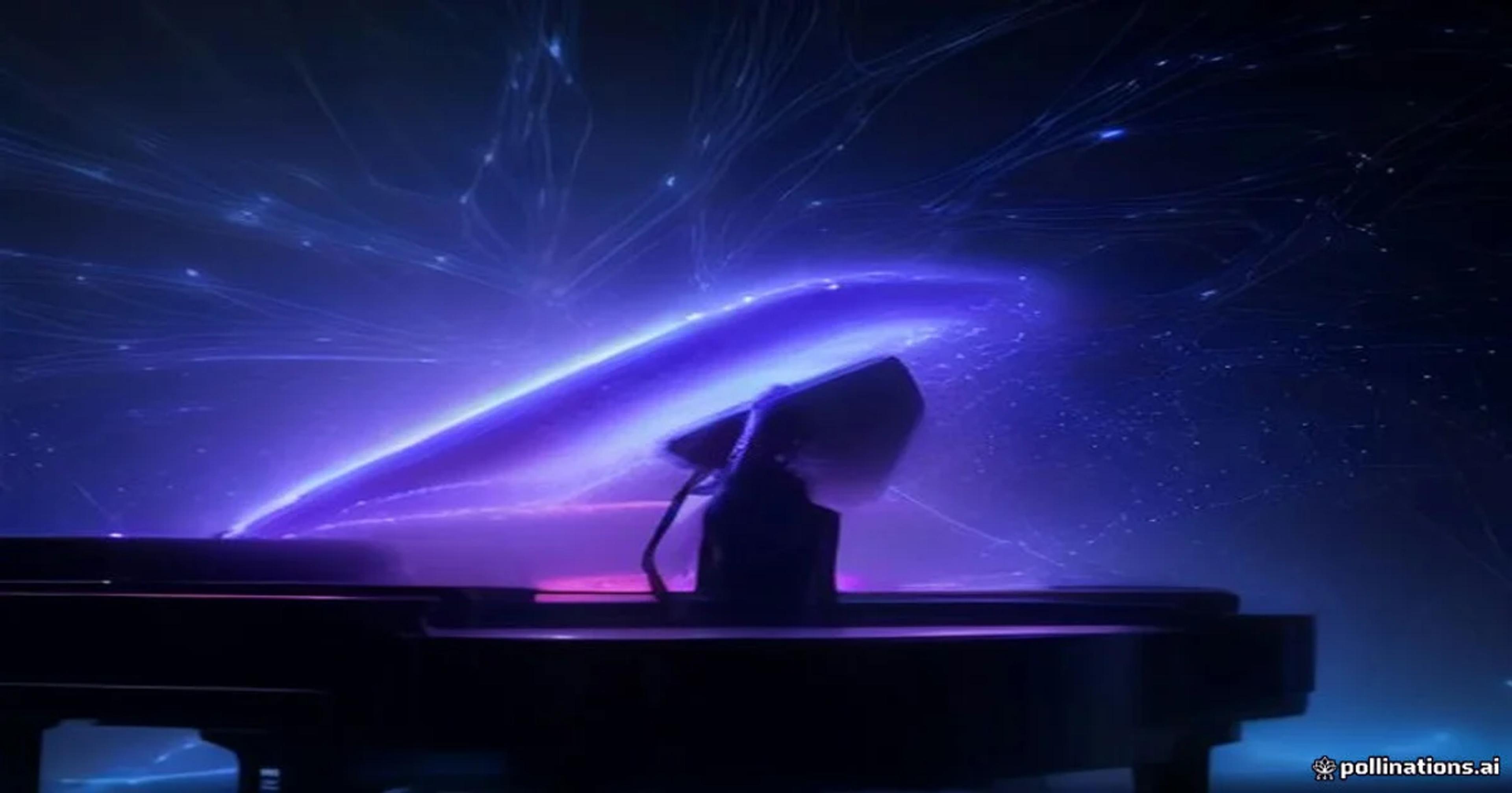 A conceptual image showing a pianist collaborating with a digital AI neural cloud for musical improvisation.