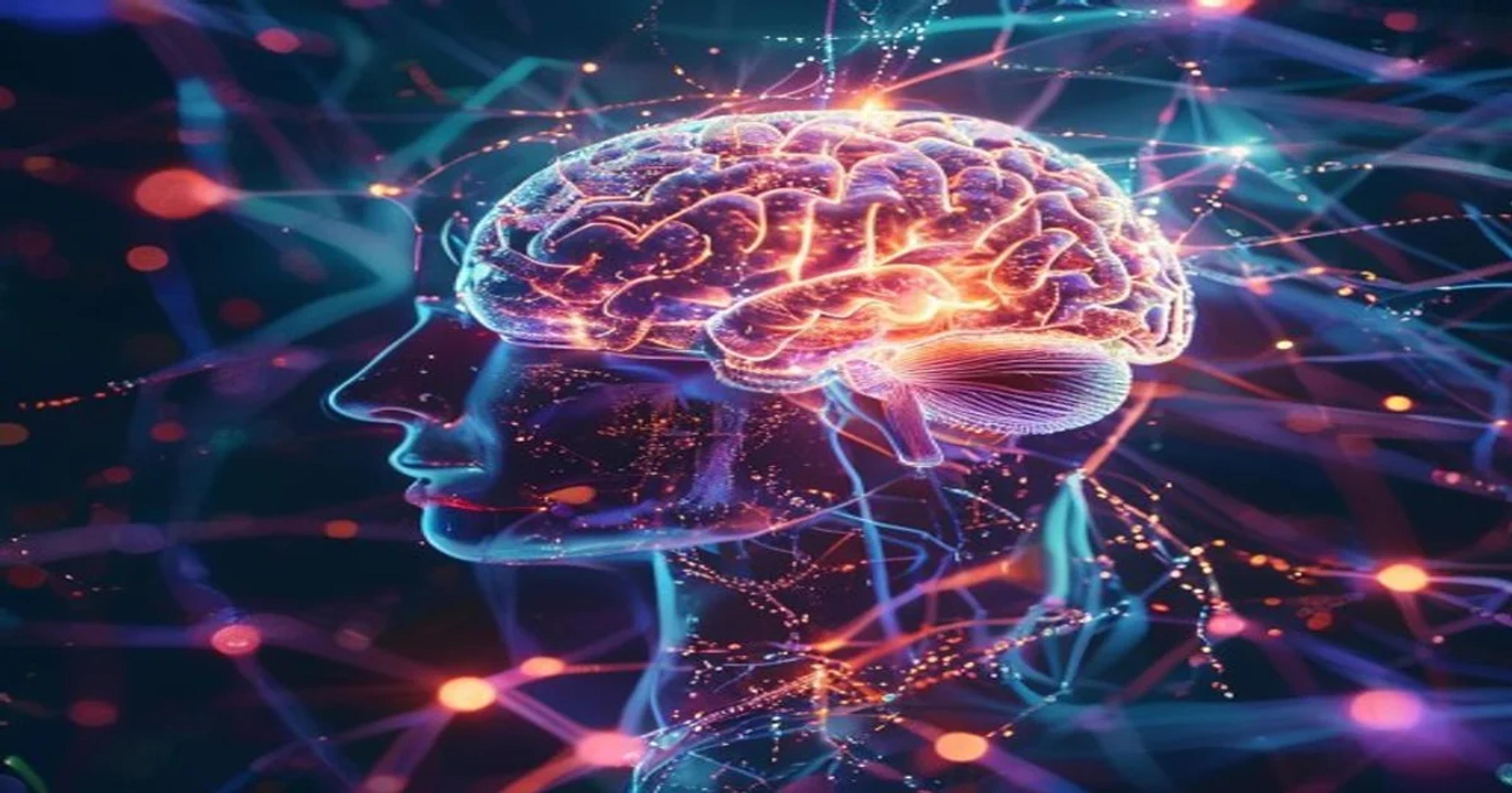 A conceptual digital illustration of a human brain merging with advanced artificial intelligence neural networks.