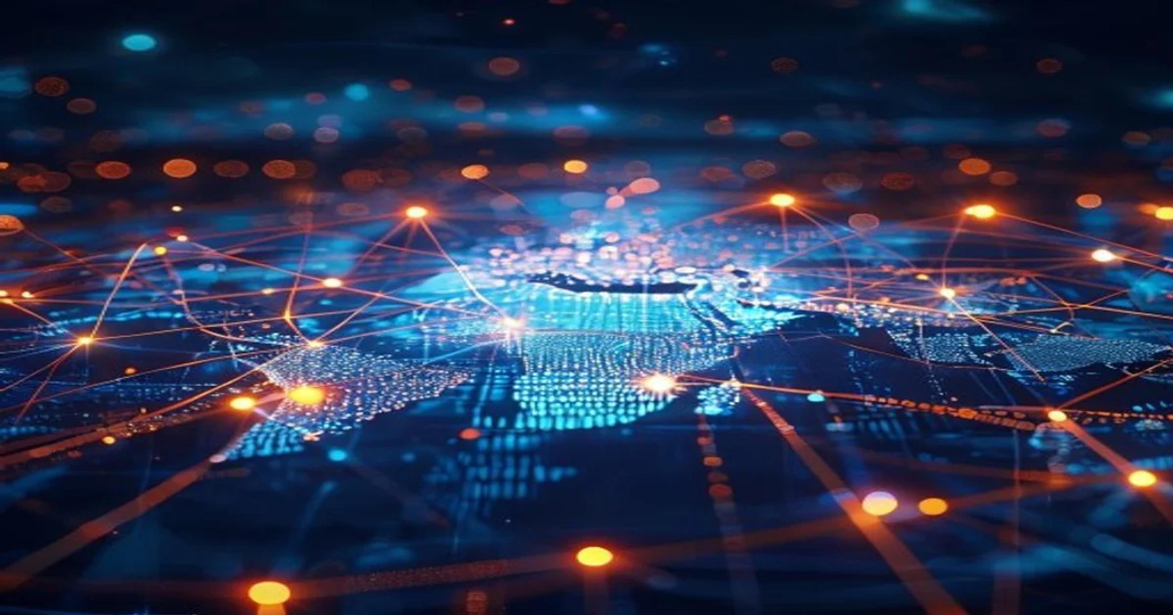 A glowing digital network visualization representing a resilient global supply chain powered by artificial intelligence.
