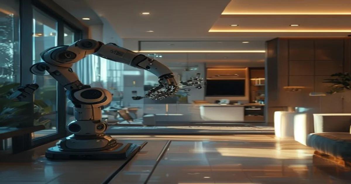 Advanced AI robotic system performing maintenance tasks inside a modern smart home.