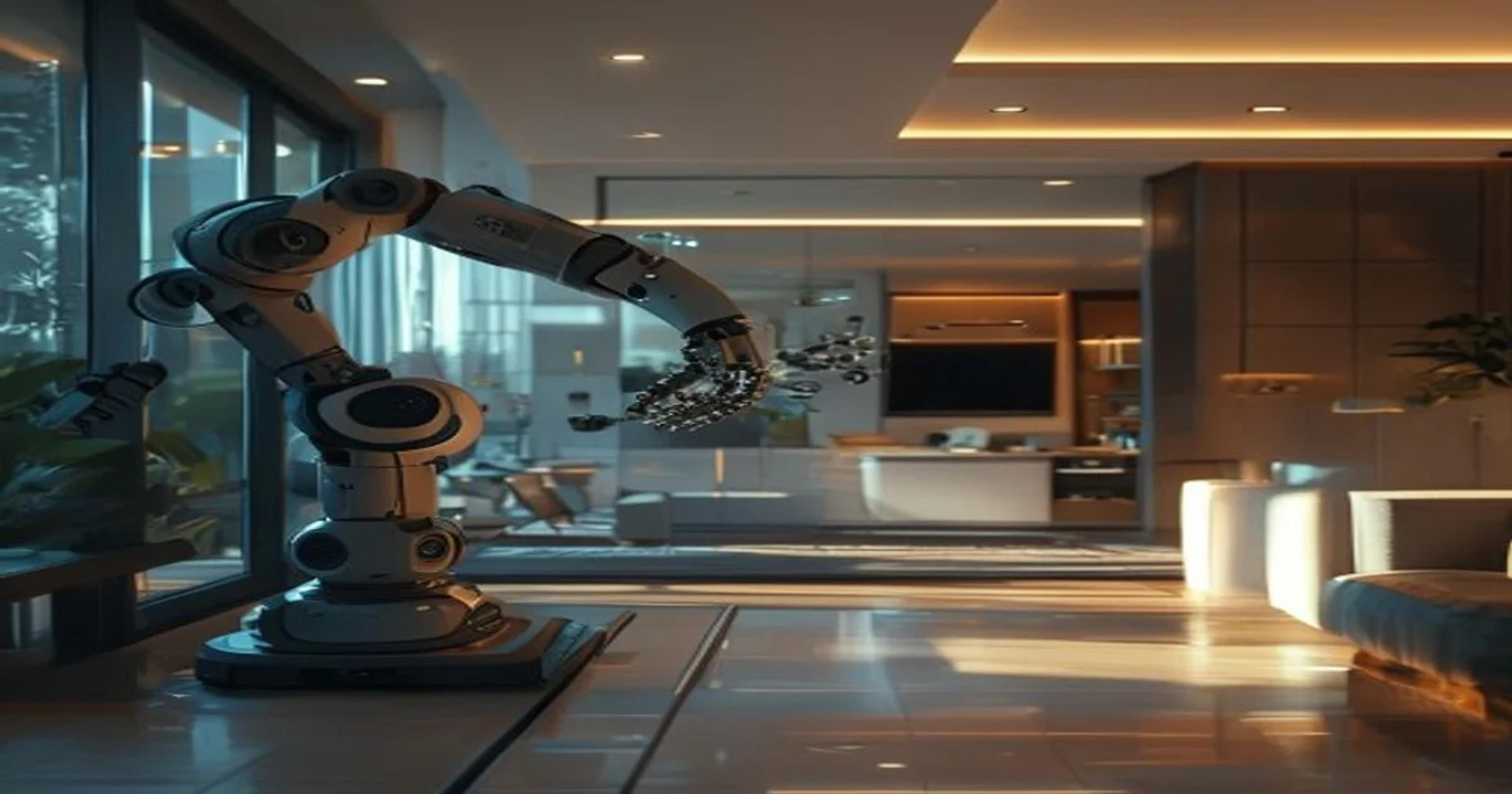 Advanced AI robotic system performing maintenance tasks inside a modern smart home.