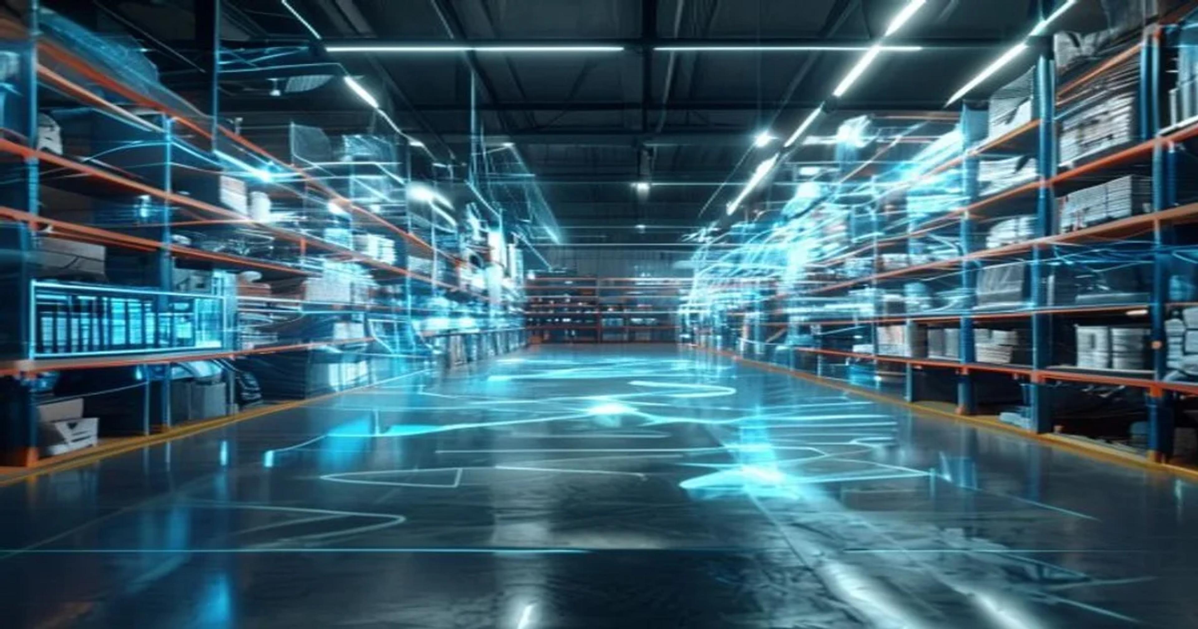 A high-tech digital interface displaying real-time retail inventory liquidation analytics in a warehouse