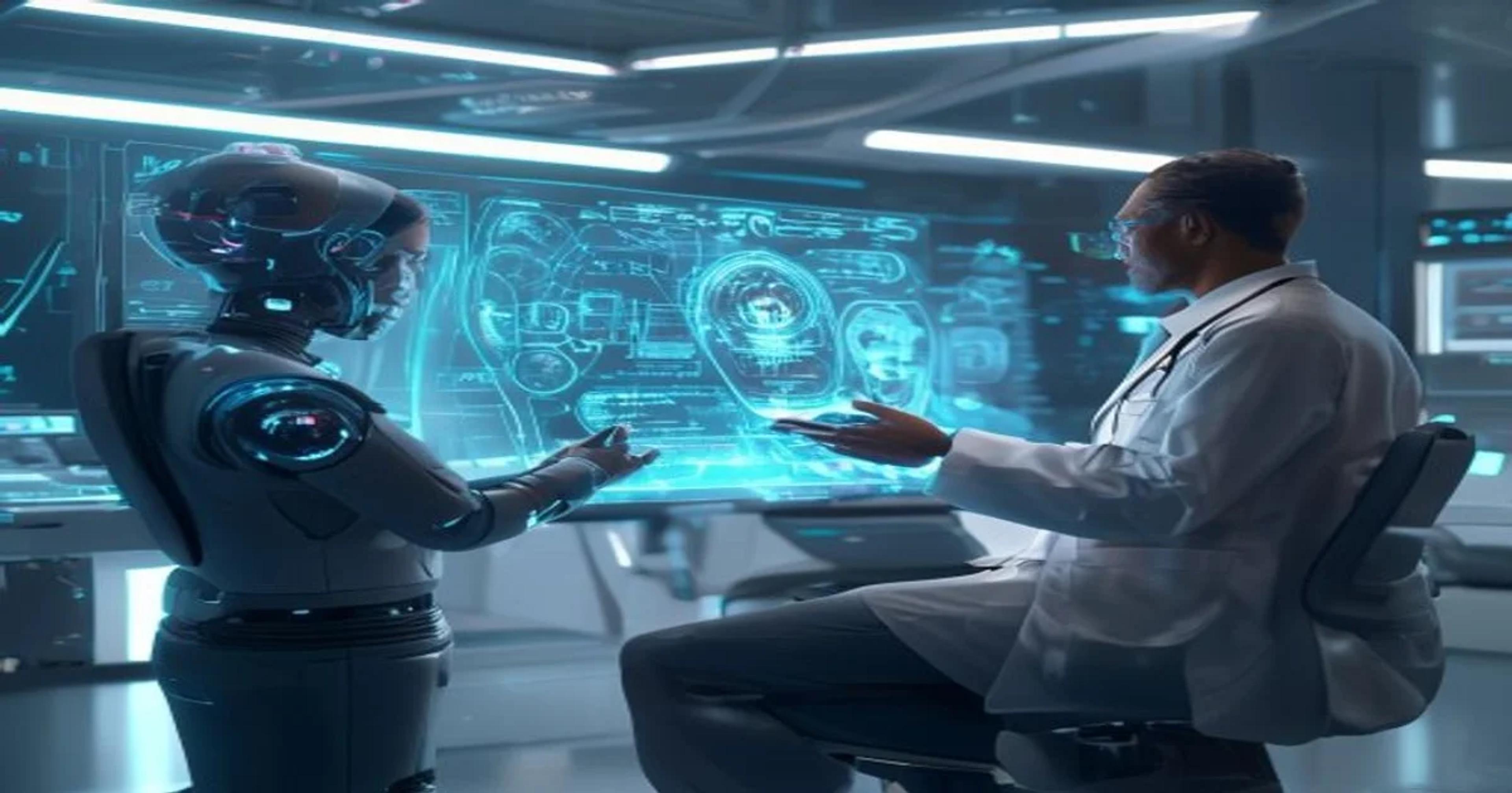 A medical professional works alongside an advanced AI system in a modern hospital setting, symbolizing the integration of human expertise and artificial intelligence in healthcare.