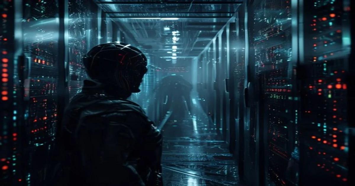 An artificial intelligence system shown as a digital super-hacker breaching a highly secured network.