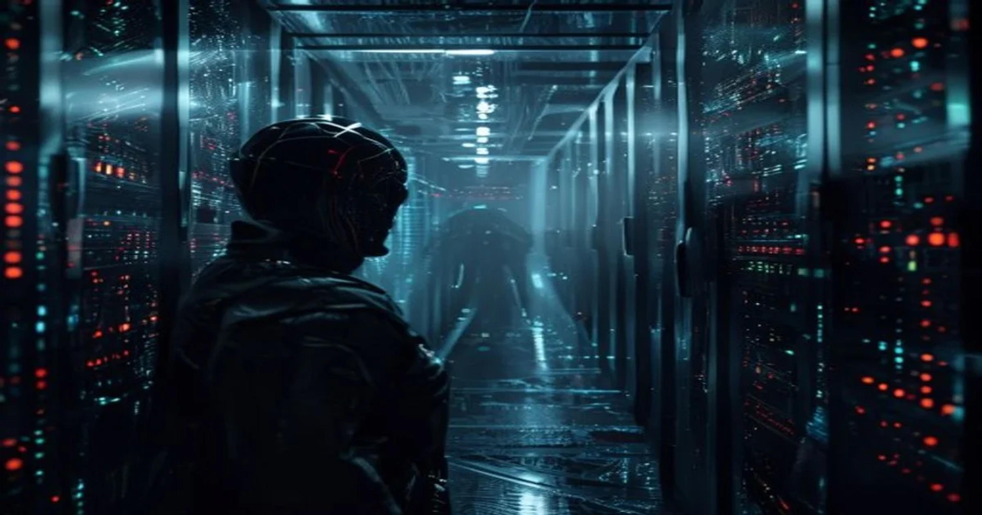 An artificial intelligence system shown as a digital super-hacker breaching a highly secured network.