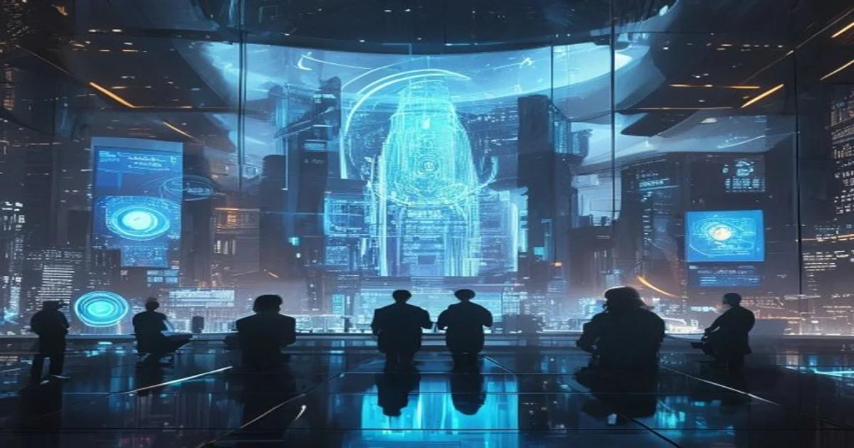 Illustration of local government officials discussing AI policies in a modern, technologically advanced civic building, emphasizing ethical considerations.