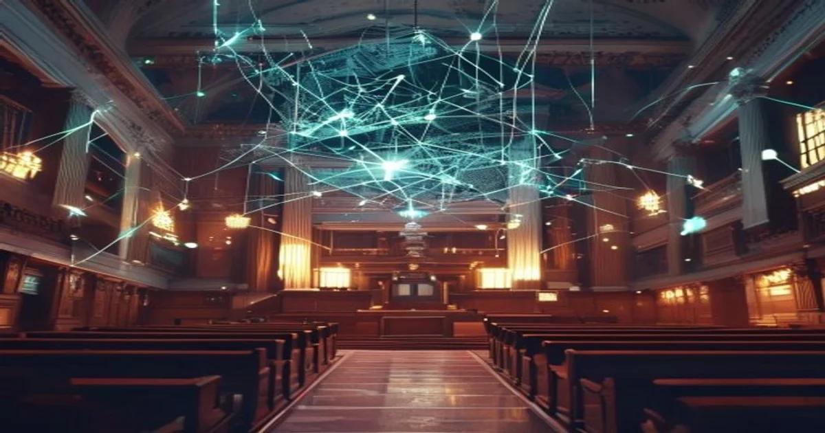 A conceptual representation of AI governance within a courtroom setting with digital overlays.