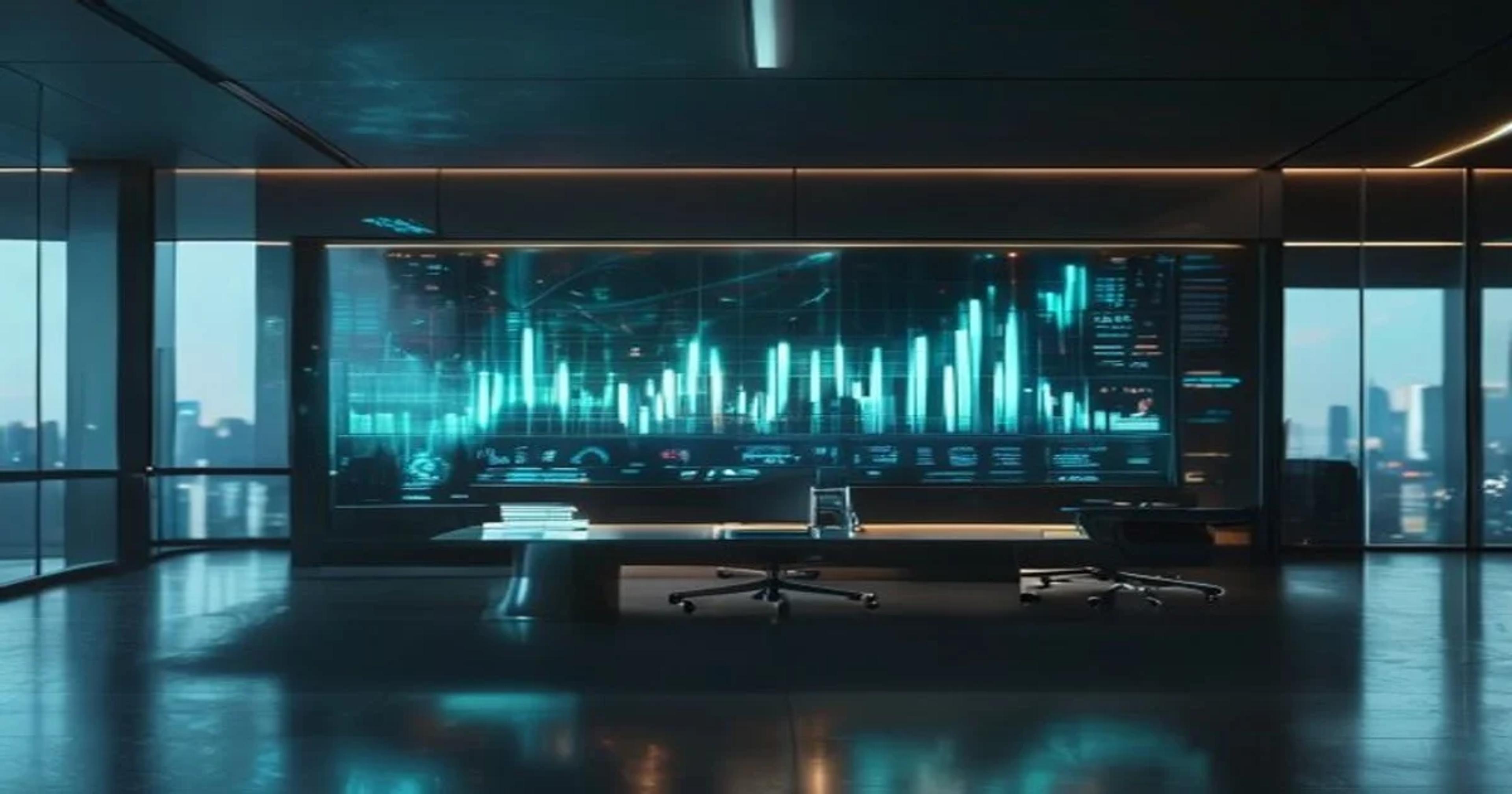 A glowing holographic interface displaying financial growth charts and digital wealth management tools.