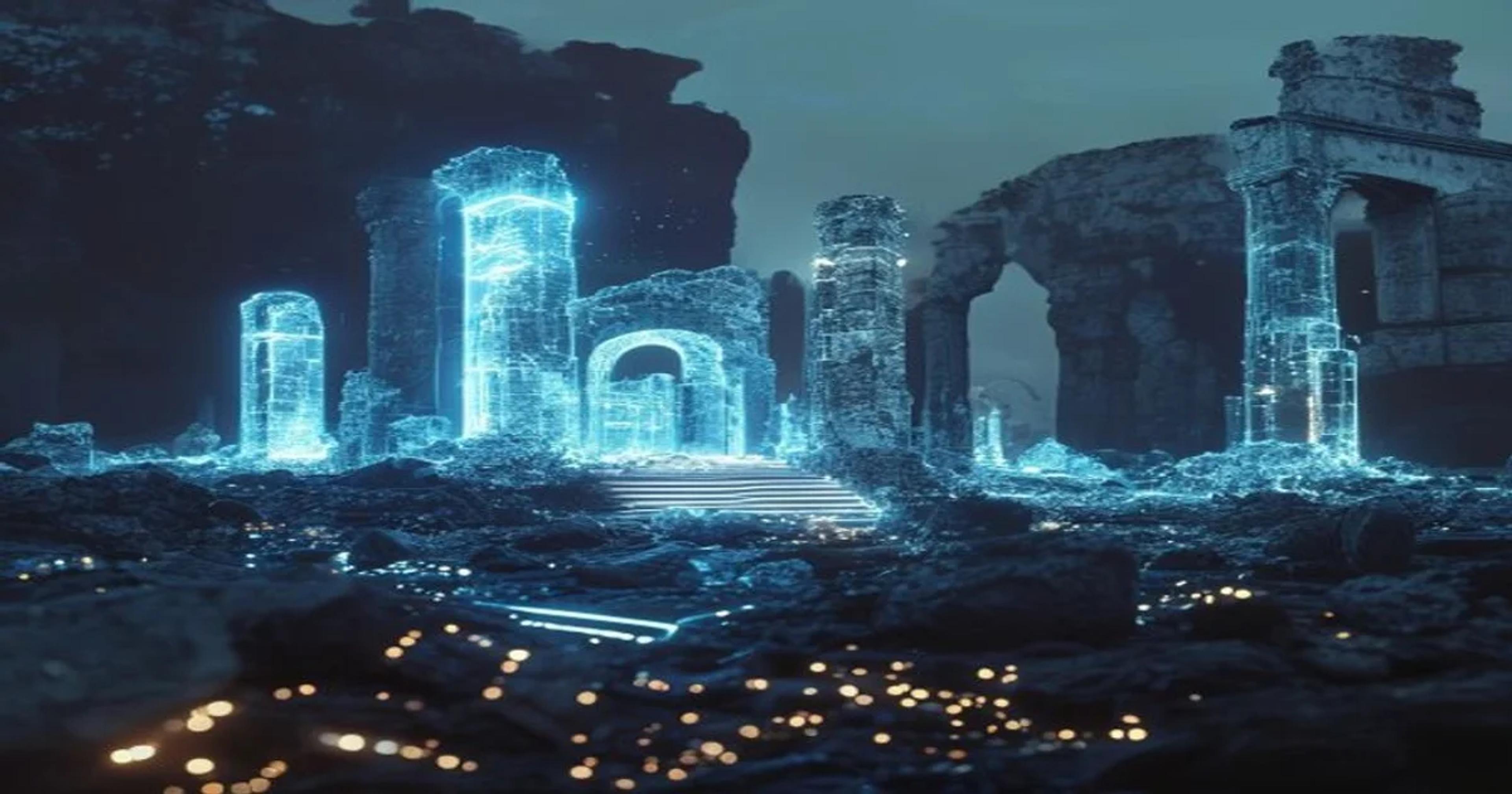 An artistic representation of digital archaeology using AI to reconstruct ancient civilizations.
