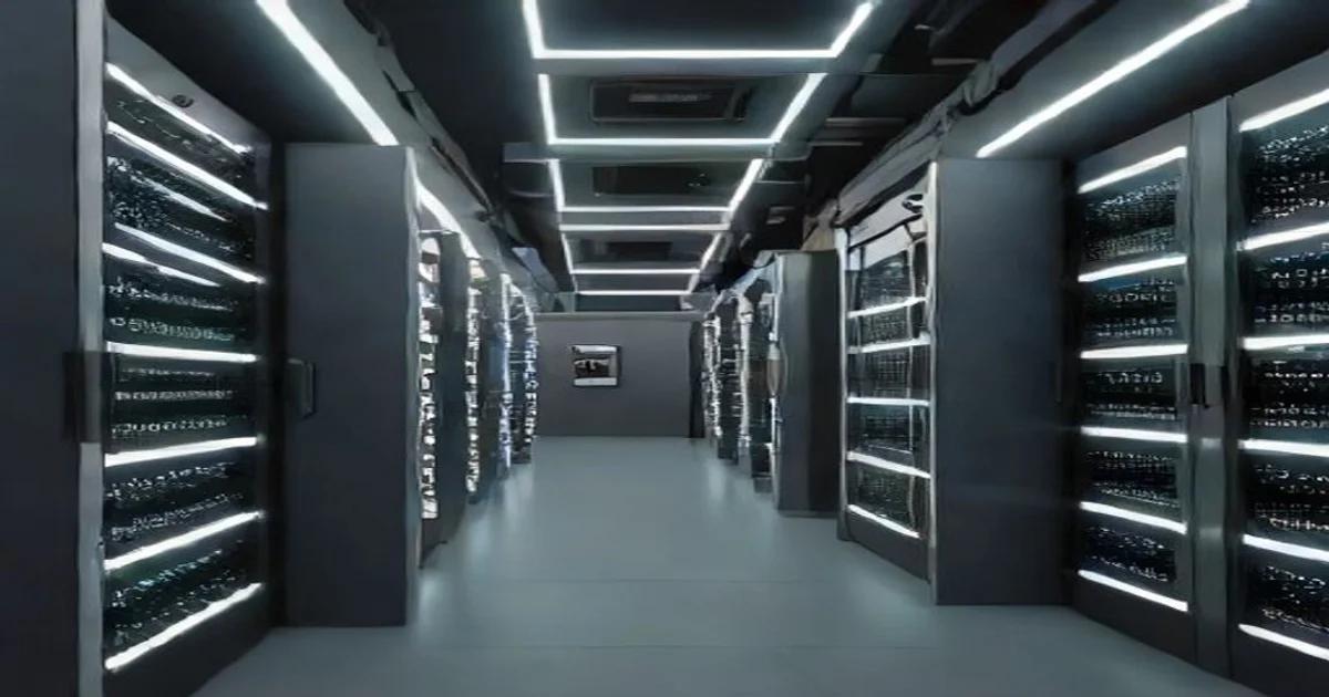 Image depicting rows of advanced, illuminated server racks in a massive data center, symbolizing AI's compute infrastructure.