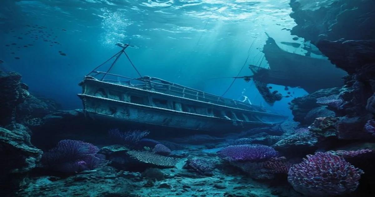 Autonomous underwater robot scanning a sunken historical shipwreck for restoration purposes.