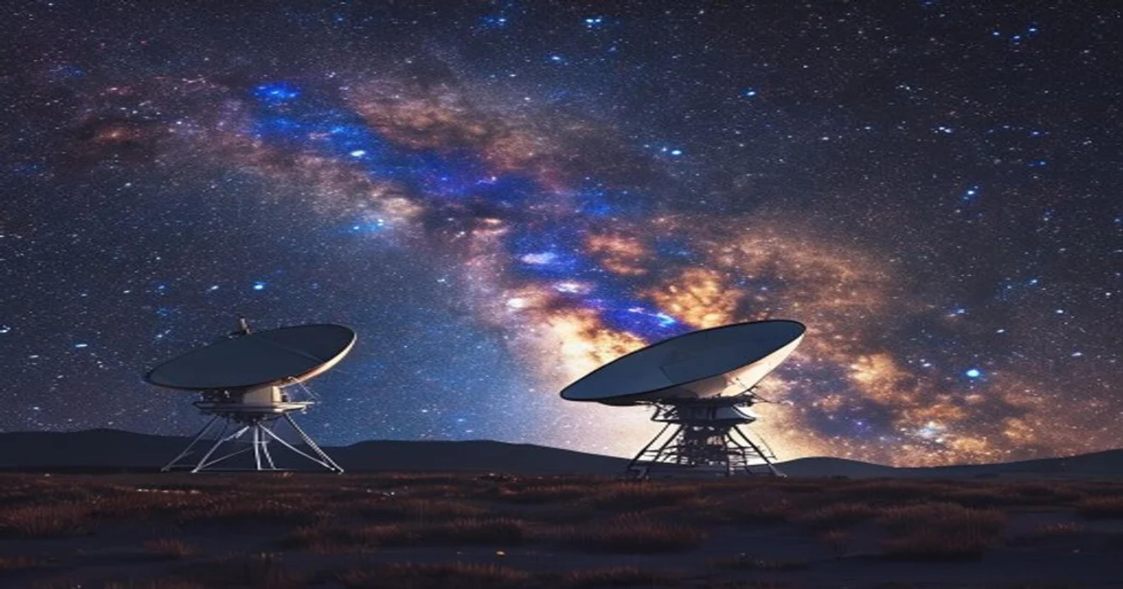A futuristic array of radio telescopes scanning the night sky for extraterrestrial intelligence.