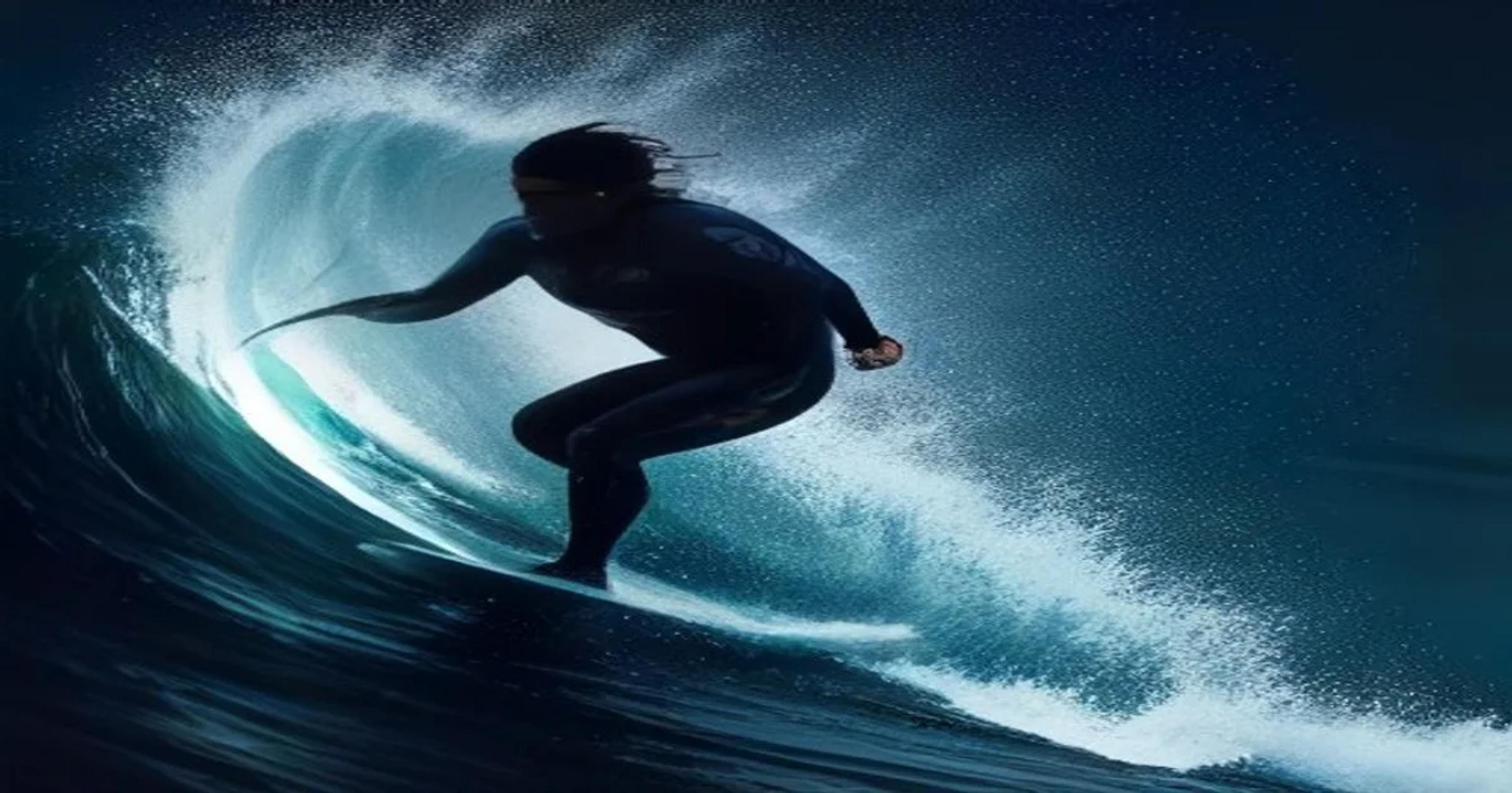 Professional surfer utilizing AI motion tracking sensors during a high-performance wave session.