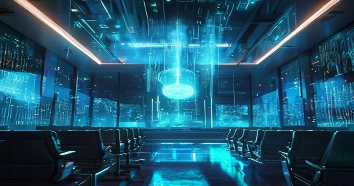 A futuristic legislative chamber displaying complex data streams and AI-driven oversight interfaces.