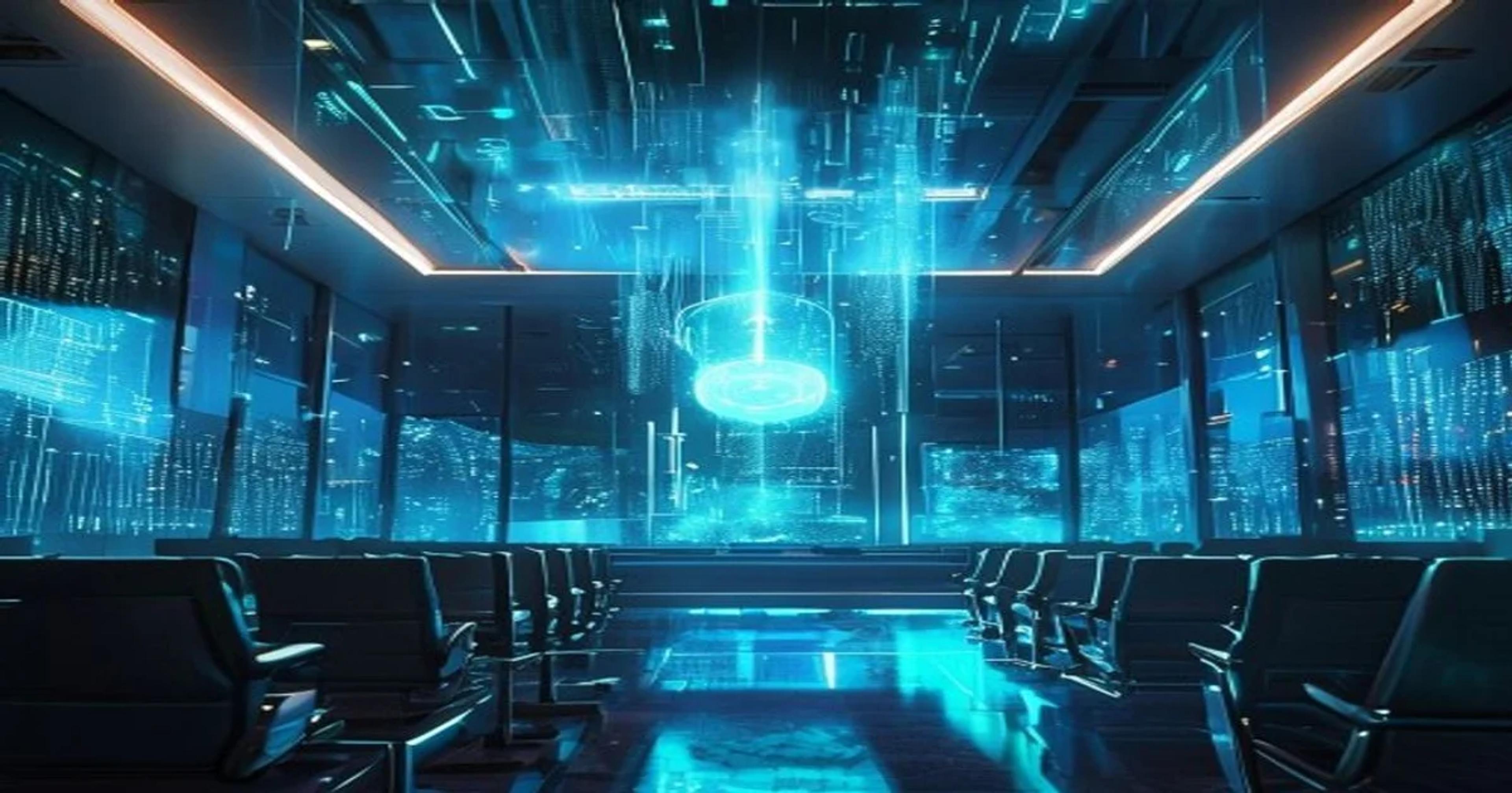 A futuristic legislative chamber displaying complex data streams and AI-driven oversight interfaces.