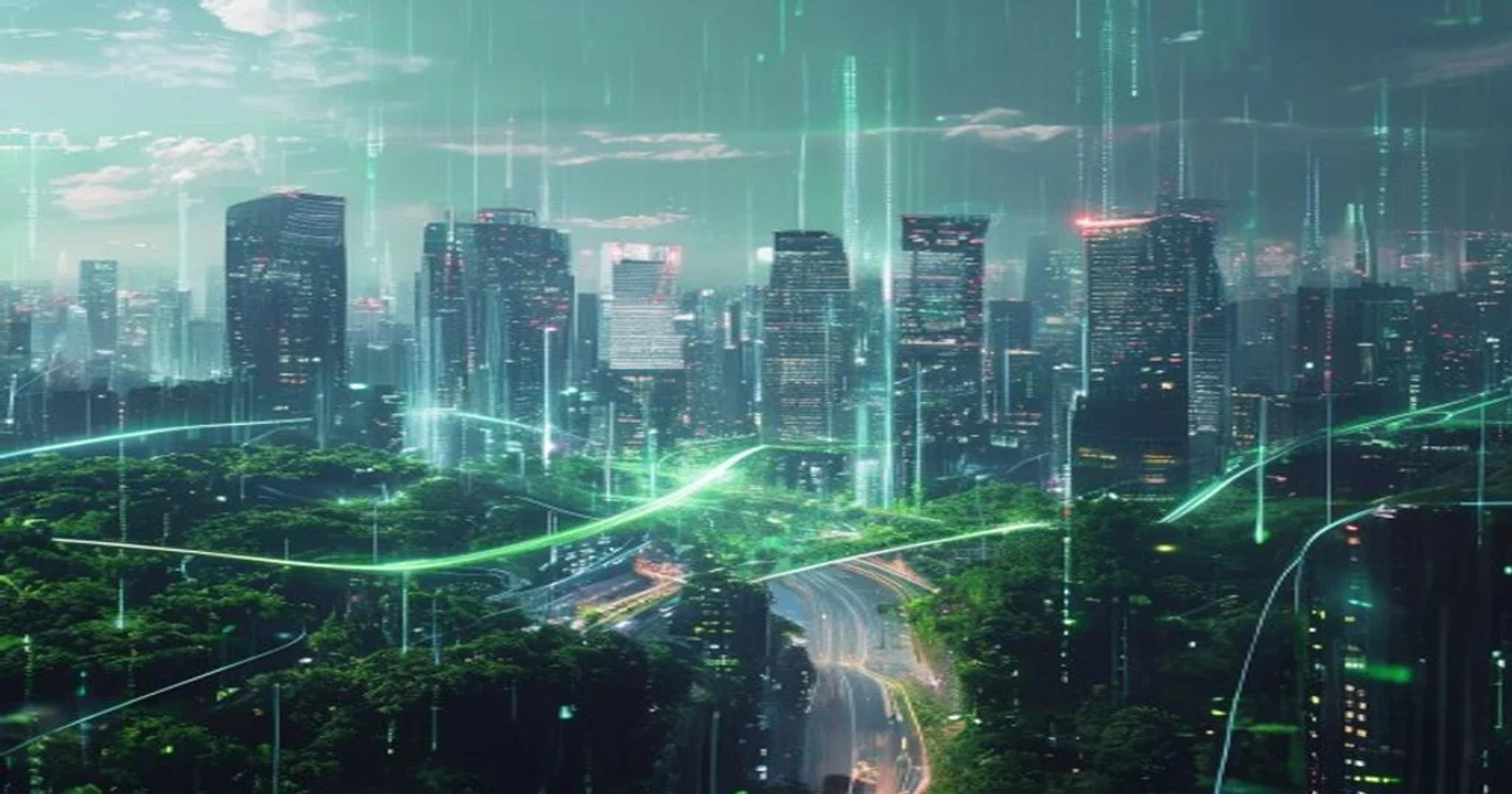 AI enhancing climate resilience in a futuristic city with green technology