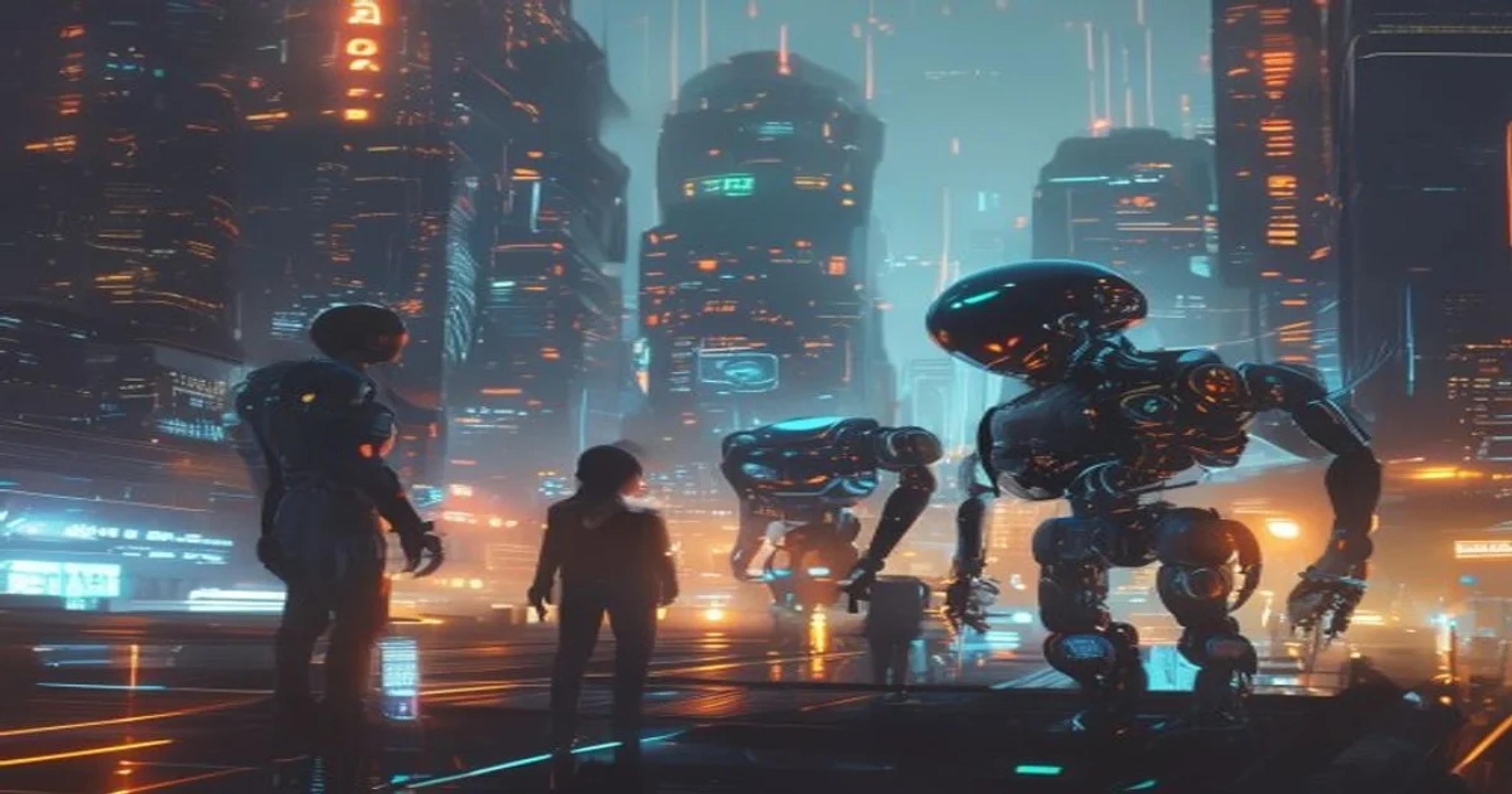 Humans and advanced AI systems working together in a high-tech future city