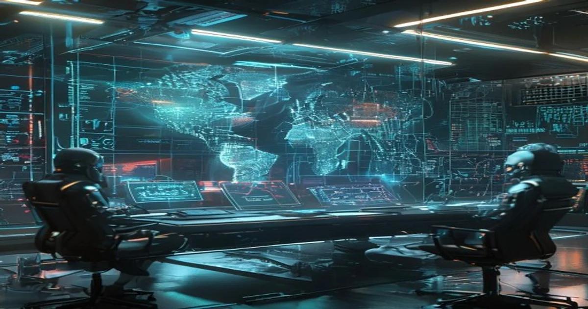 A highly advanced AI control room depicting the new era of cyber conflict and AI warfare.